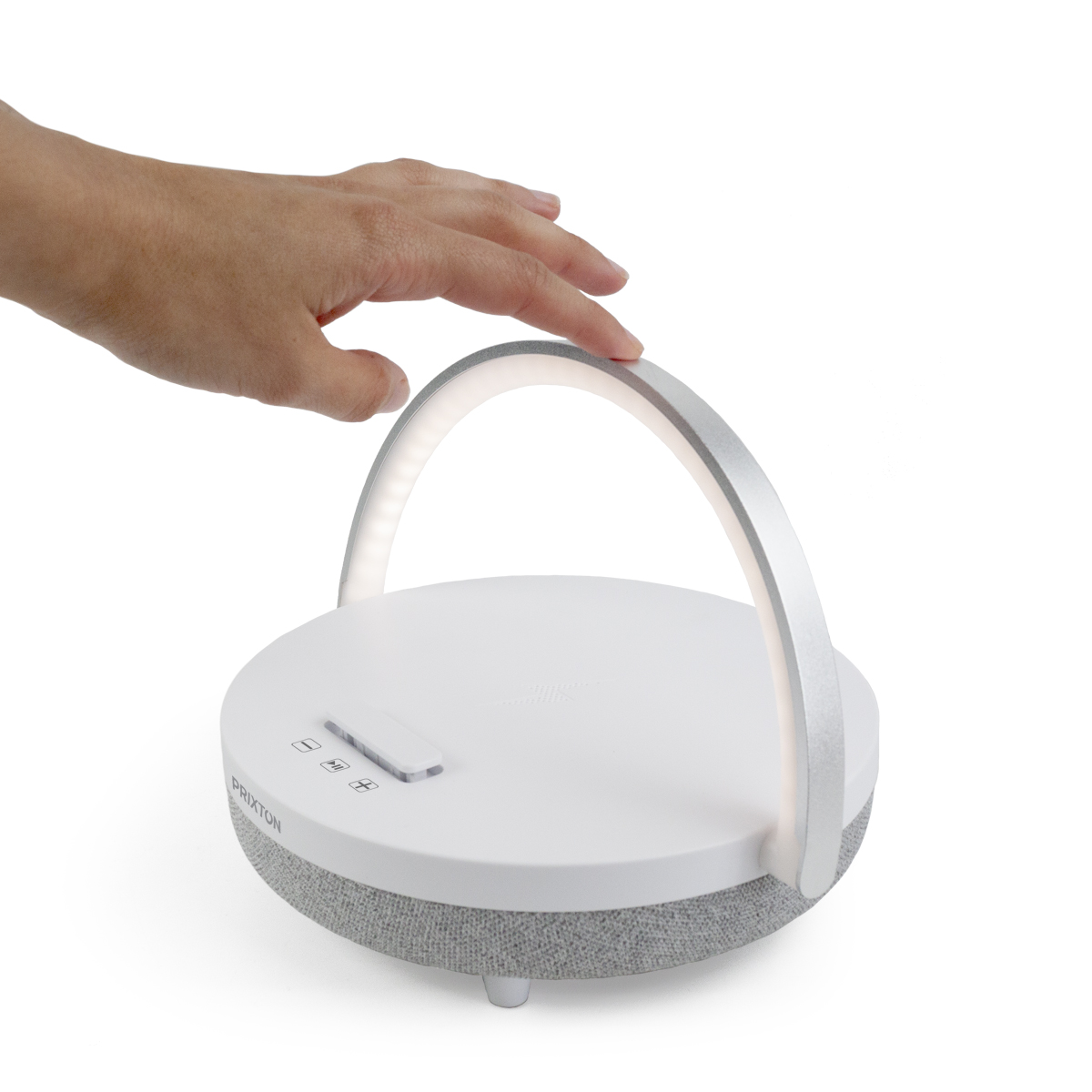 Biała i szara lampa z uchwytem i podświetlanym łukiem. Ręka dotyka uchwytu.