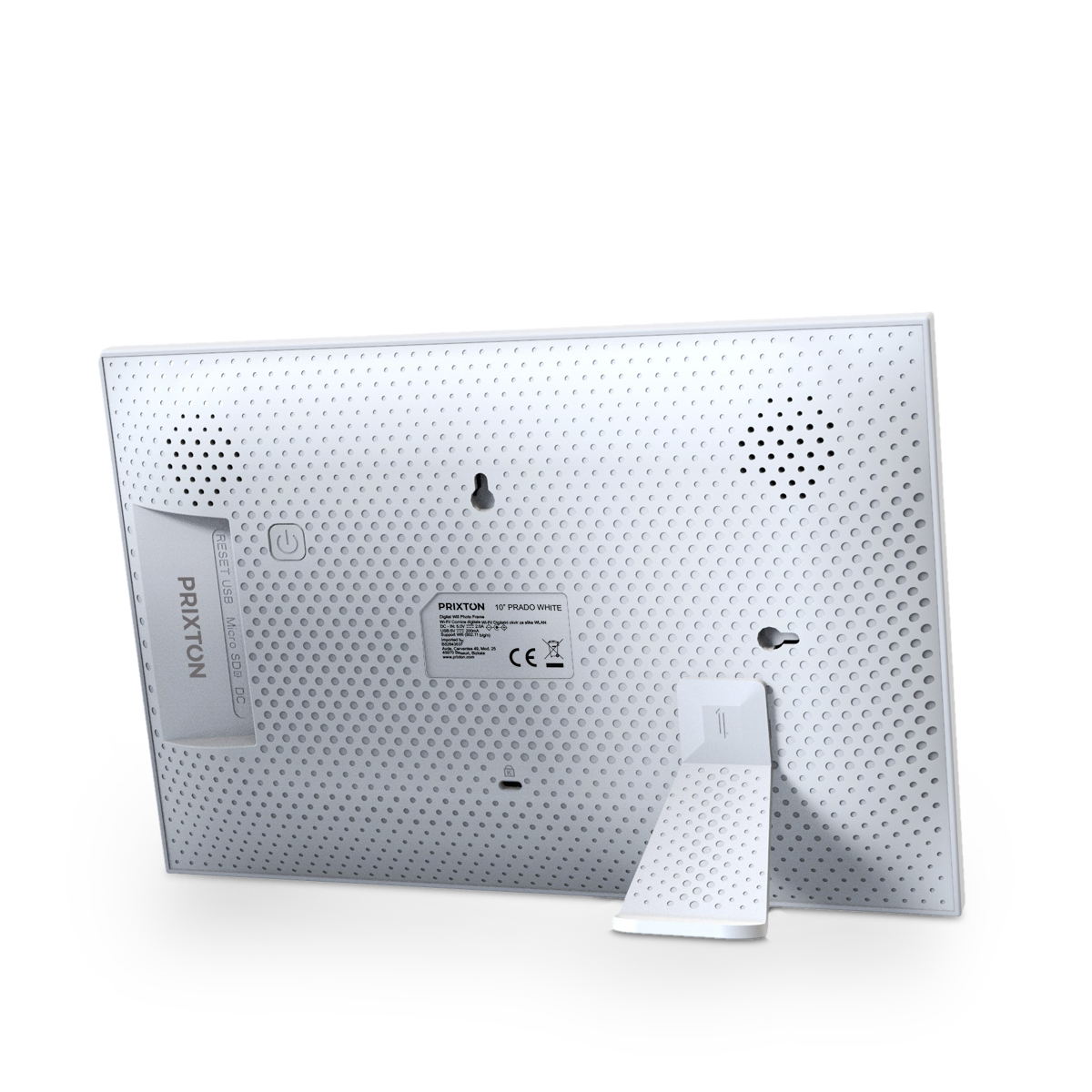 Widok z tyłu białej cyfrowej ramki na zdjęcia. Pokazuje głośniki, wejście zasilania i podstawkę.