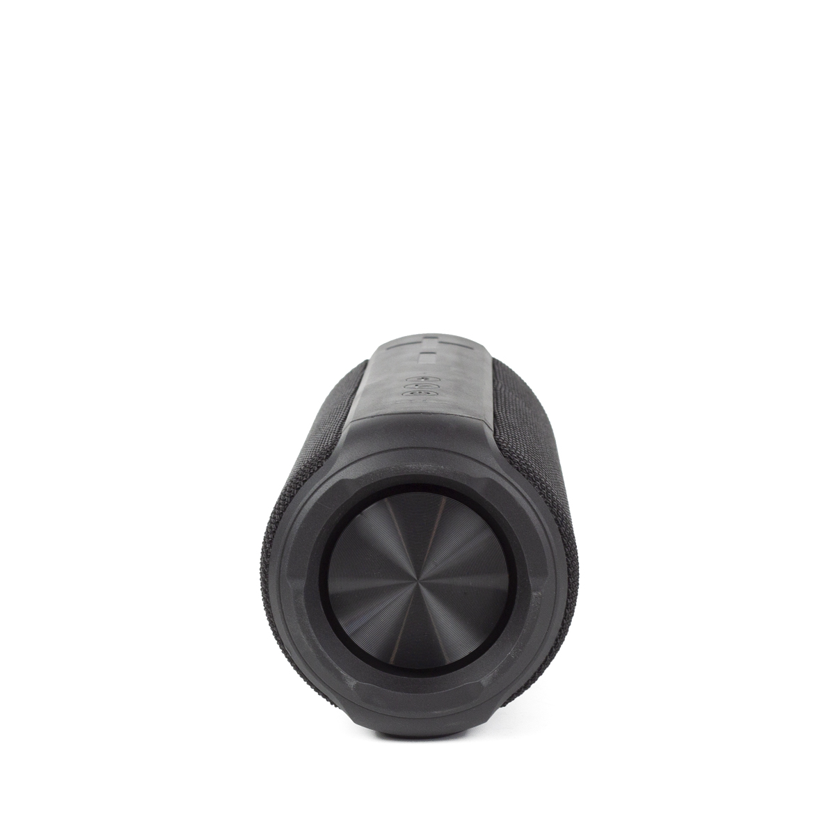 Czarny głośnik cylindryczny na białym tle. Ma siatkową osłonę i centralny, okrągły detal.