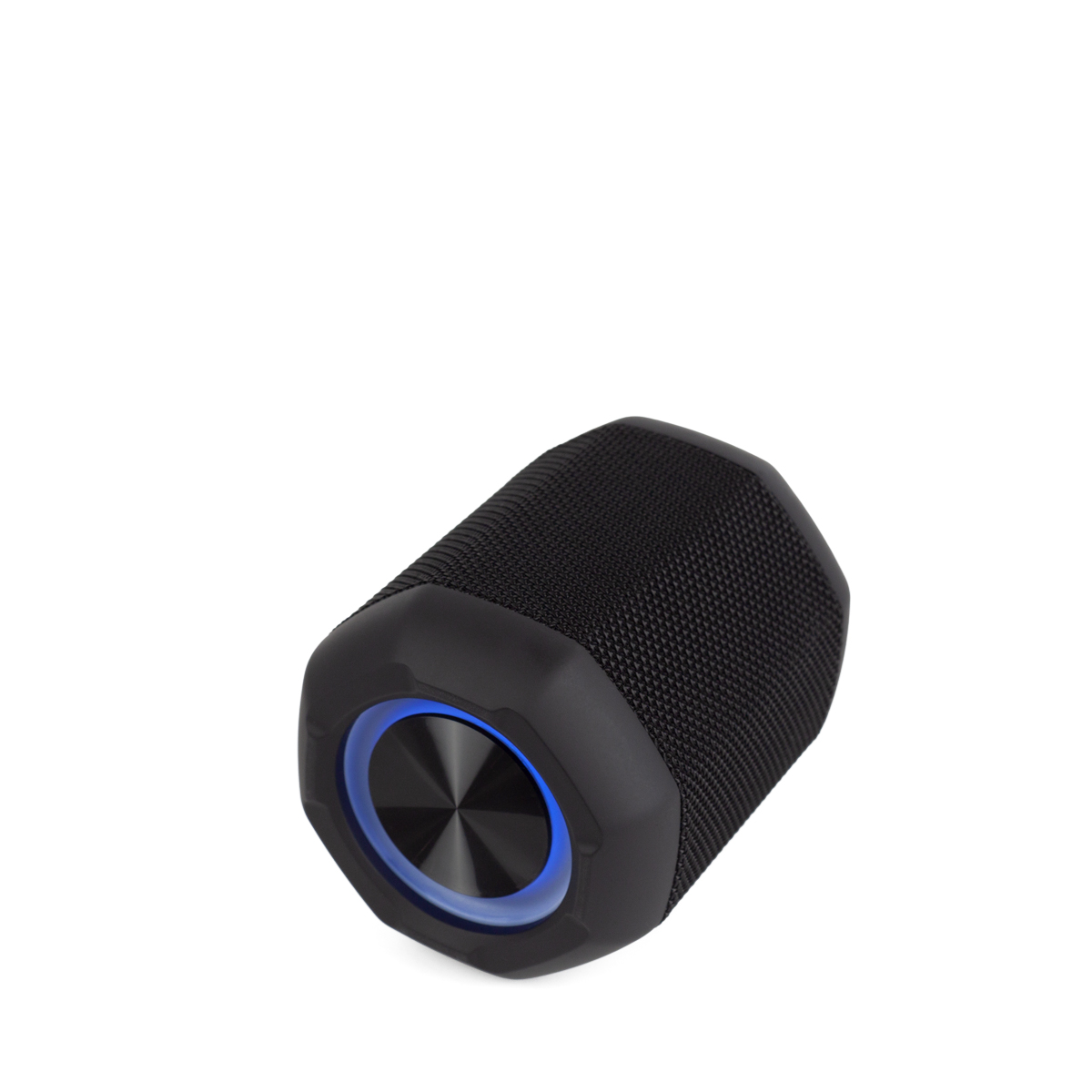 Czarny głośnik cylindryczny z niebieskim świecącym pierścieniem na dole.