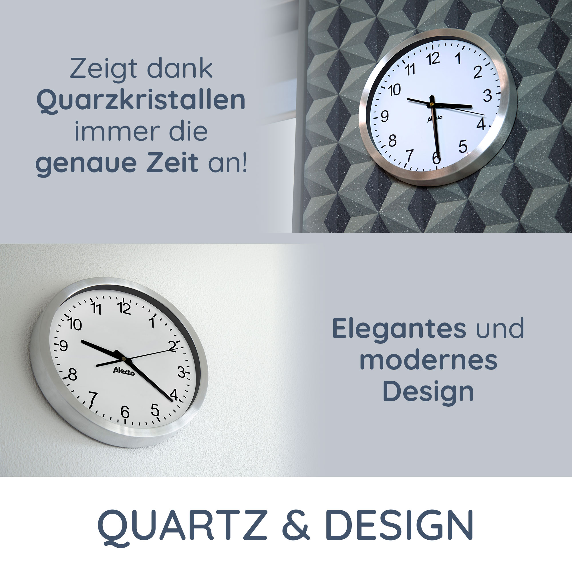 Zwei Uhren, eine an einer gemusterten Wand, eine auf Weiß, mit Text über Quarz & Design.