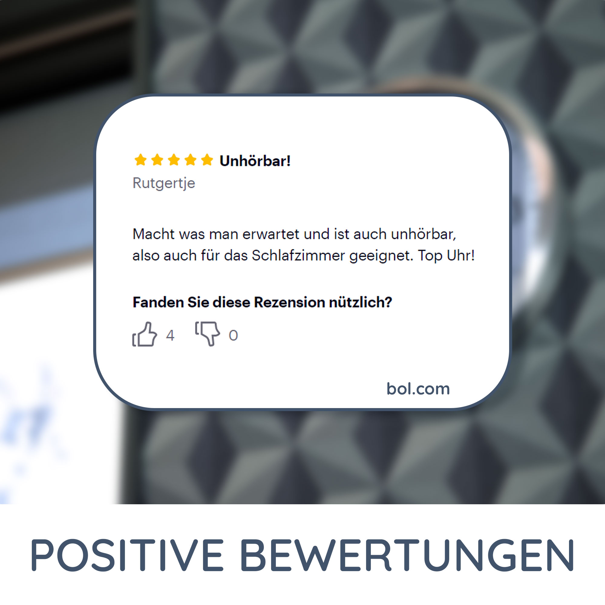 Eine Rezension auf weißem Grund mit Sprechblase. Text und Sterne sind sichtbar. Bol.com Logo unten.