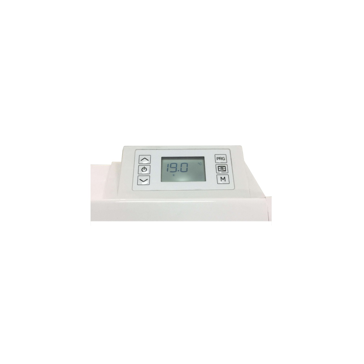 Termostato digital blanco con una pantalla que muestra 19,0 grados.
