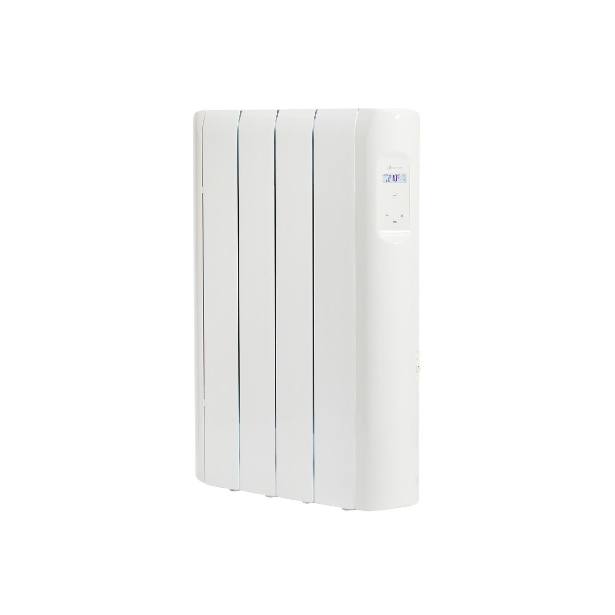 Un radiador eléctrico blanco con aletas verticales. Una pantalla digital es visible en el lateral.