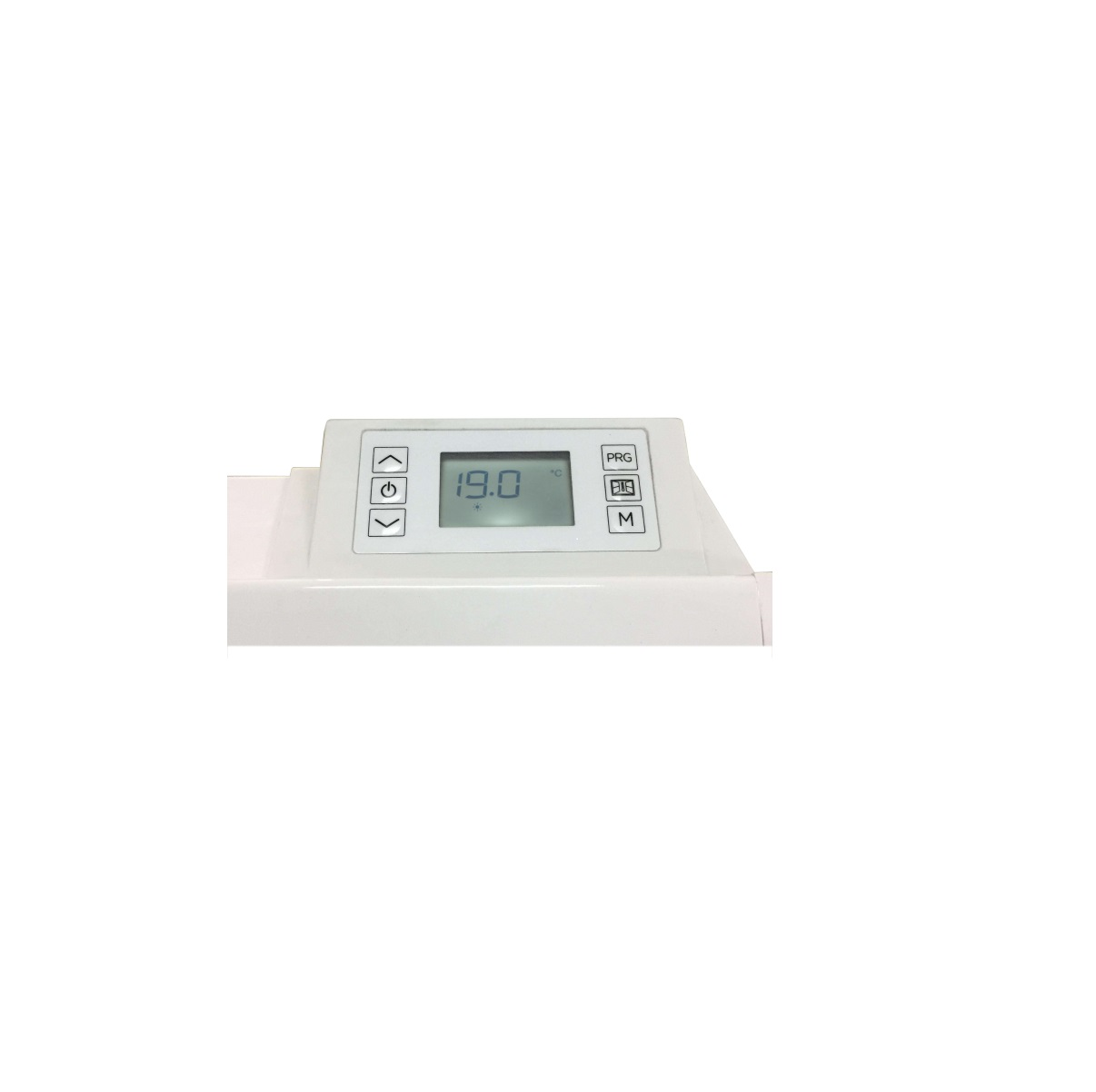 Dispositivo electrónico blanco con pantalla digital 19.0. Botones de configuración a la izquierda.