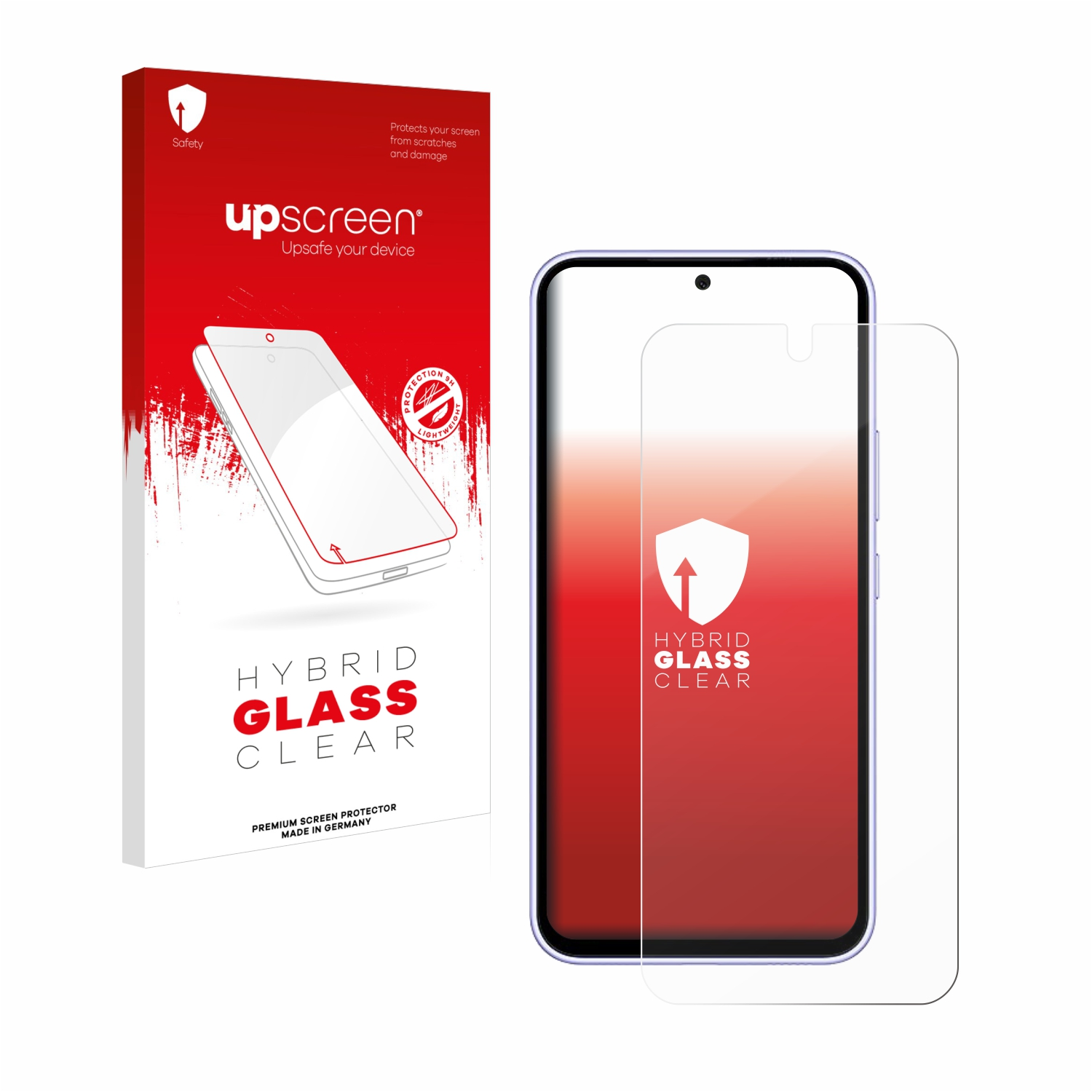 Ein Displayschutz und die Box. Auf der Box steht 'Hybrid Glass Clear' und 'up screen'.