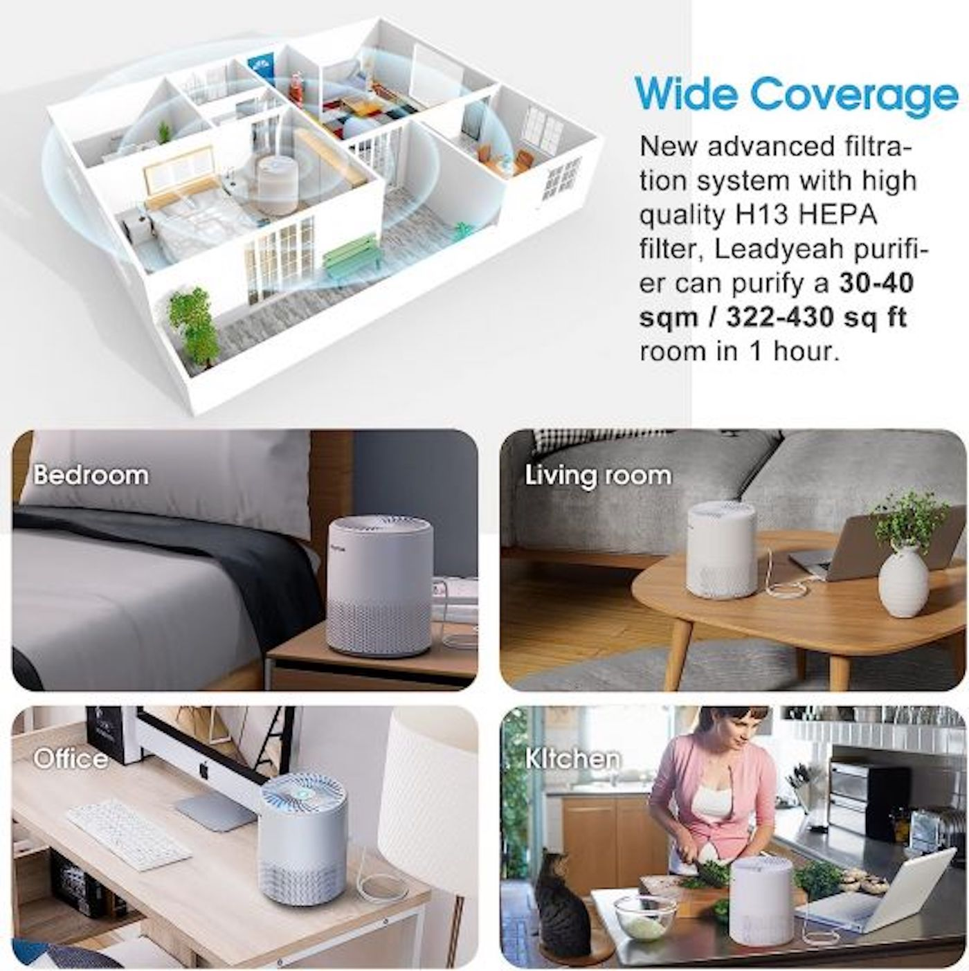 Diagrama que muestra purificadores de aire en diferentes habitaciones, incluyendo dormitorio, sala, oficina y cocina.