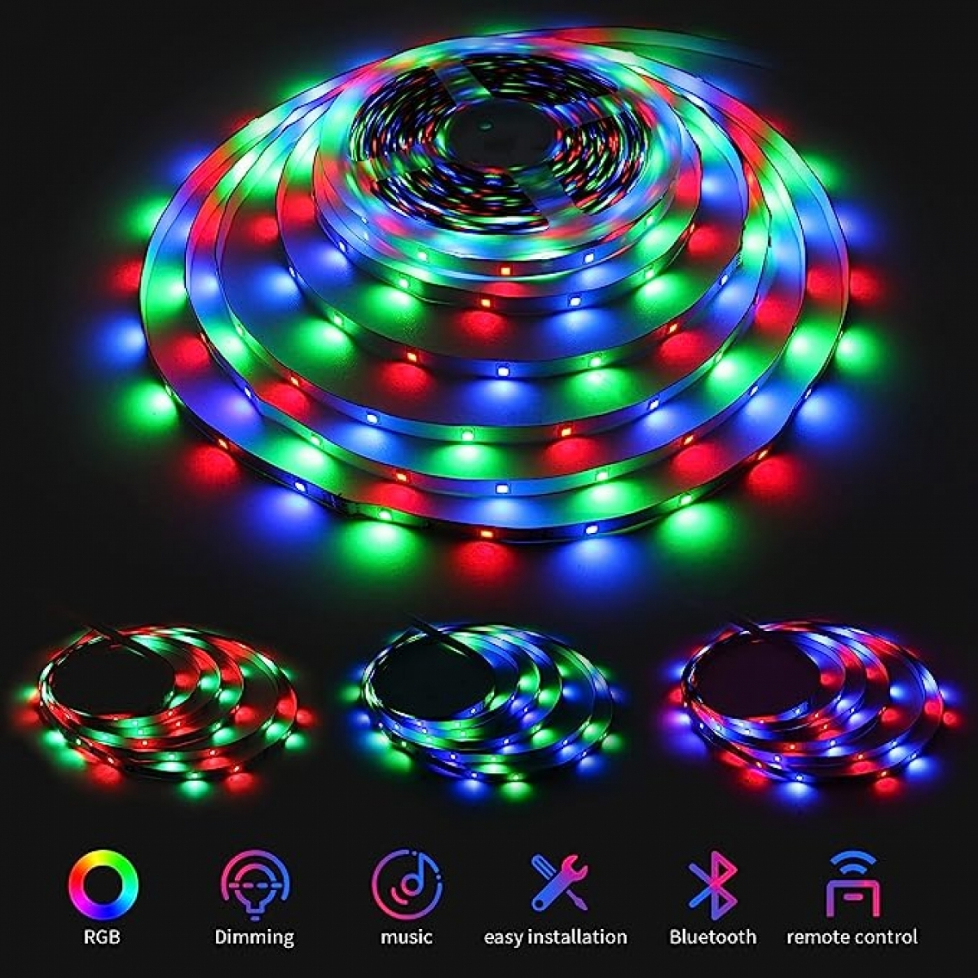 Tiras de luces LED RGB, enrolladas y desenrolladas. Muestra opciones de color, atenuación, sincronización de música, fácil instalación, Bluetooth y mando.