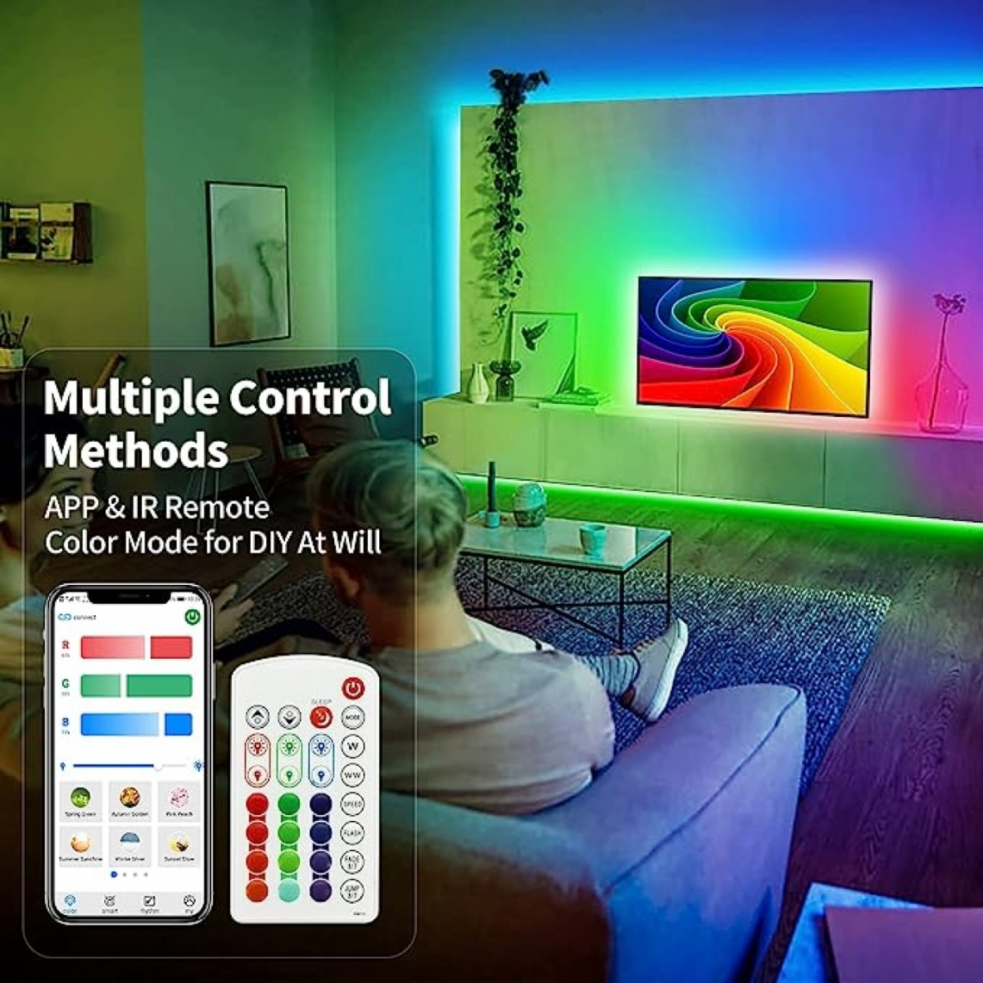 Salón con TV mostrando un arcoíris y persona con teléfono y mando a distancia.