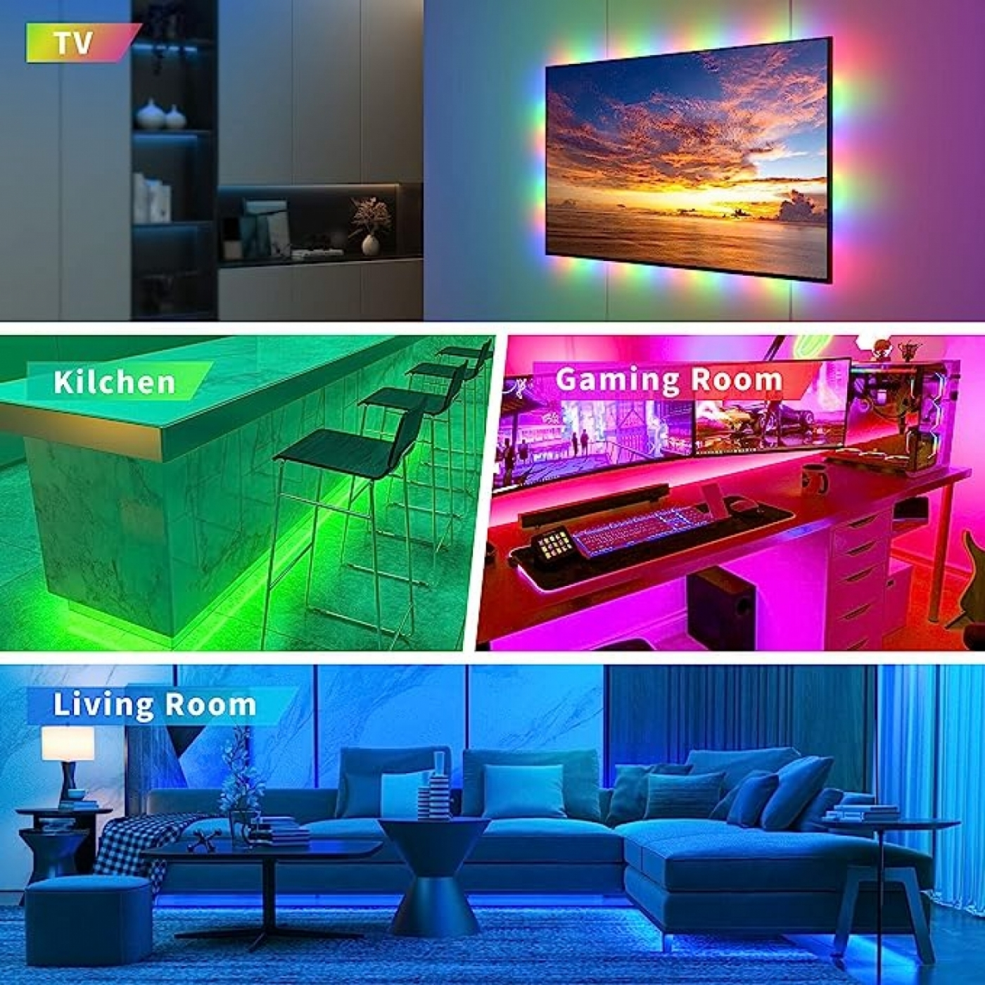 Múltiples escenas con tiras de luces LED: TV, barra de cocina y sala de juegos. Las luces añaden color.