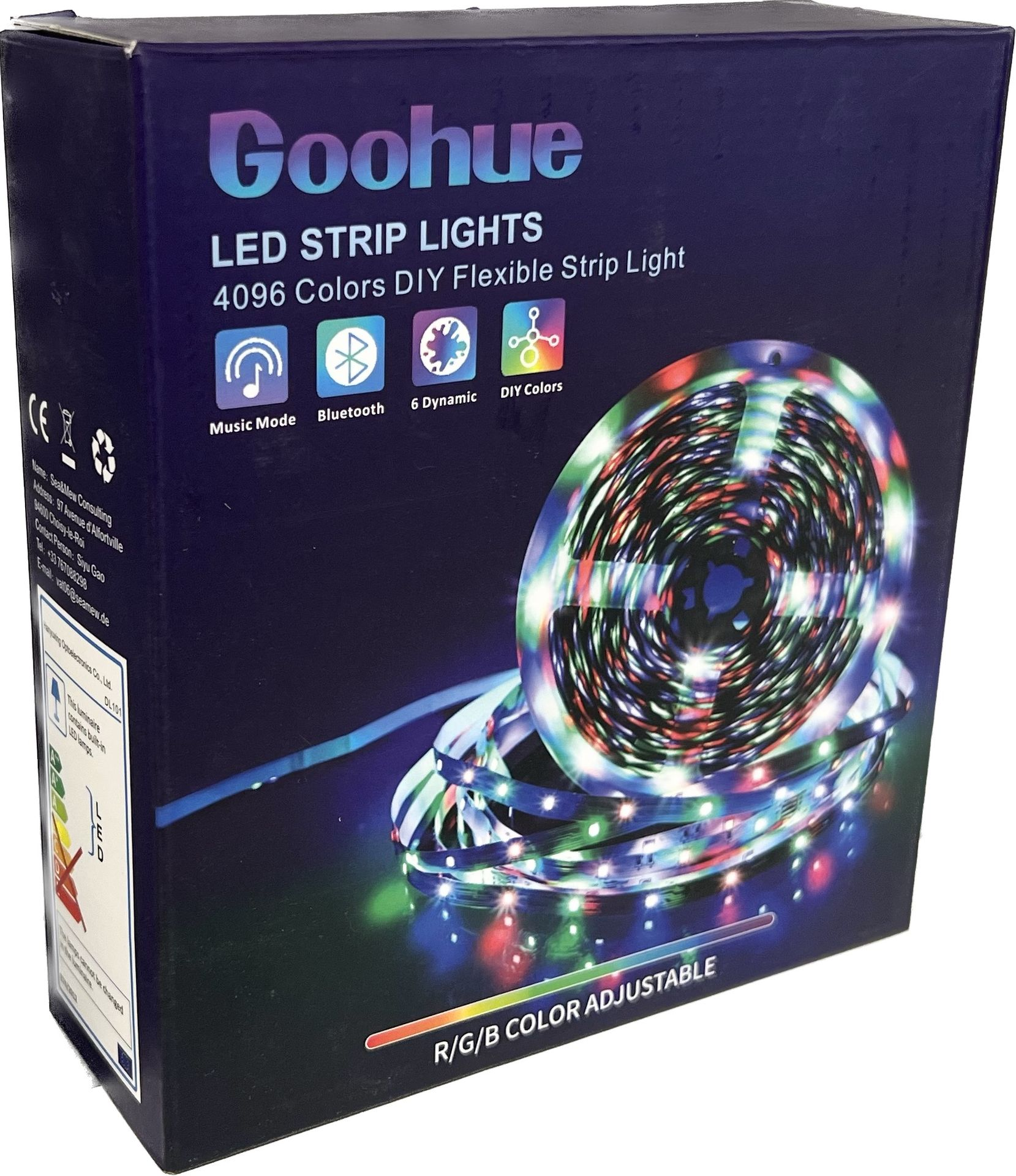Una caja de luces de tira LED GooHue con luces coloridas envueltas alrededor, el texto es visible.