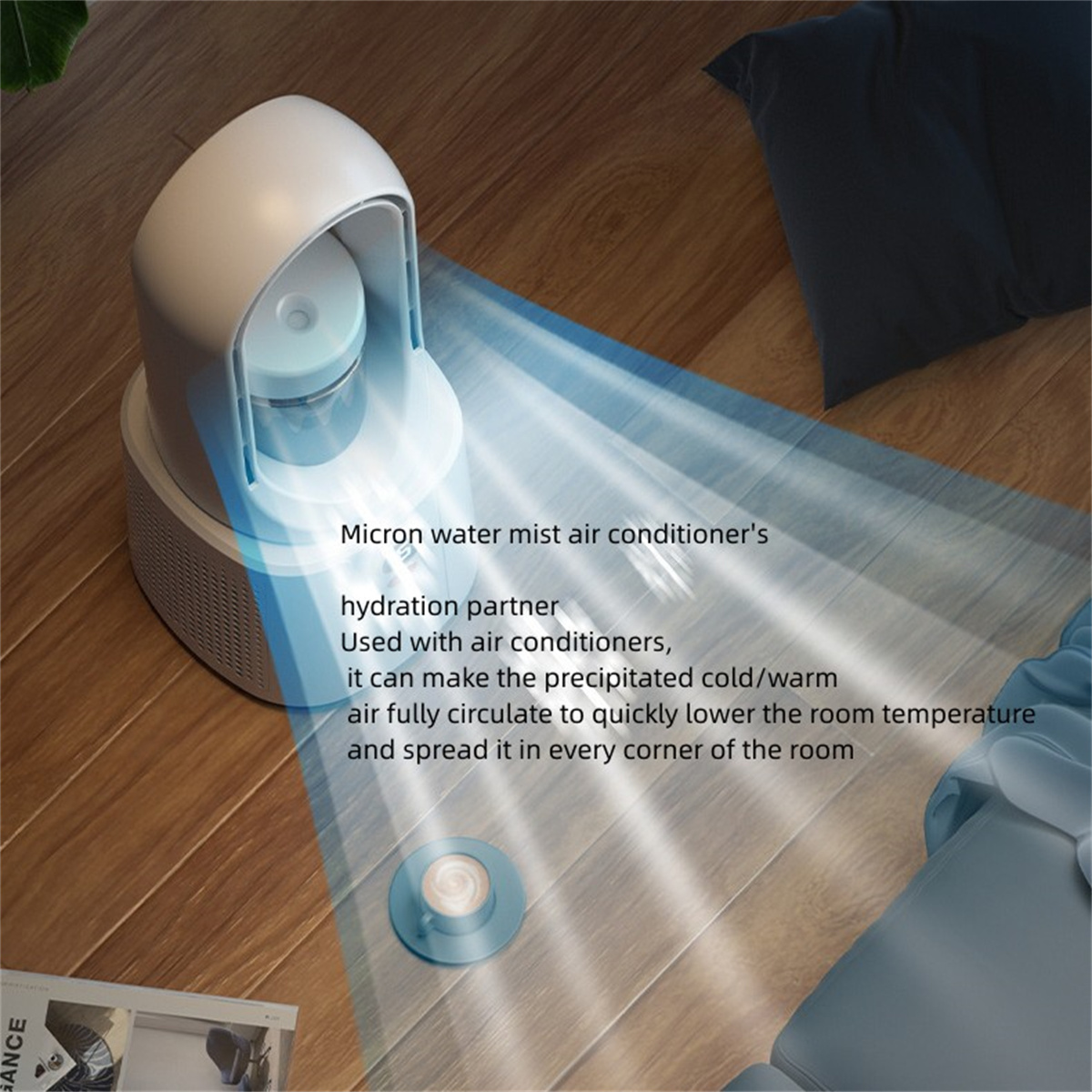 Aparato de aire acondicionado con haz de luz azul. El texto indica que es un socio de hidratación.