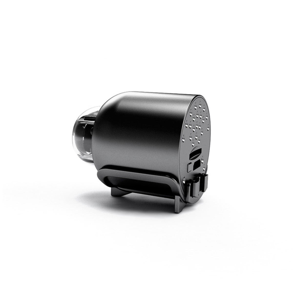 Un pequeño dispositivo auricular Bluetooth negro con un auricular transparente. Está en ángulo.