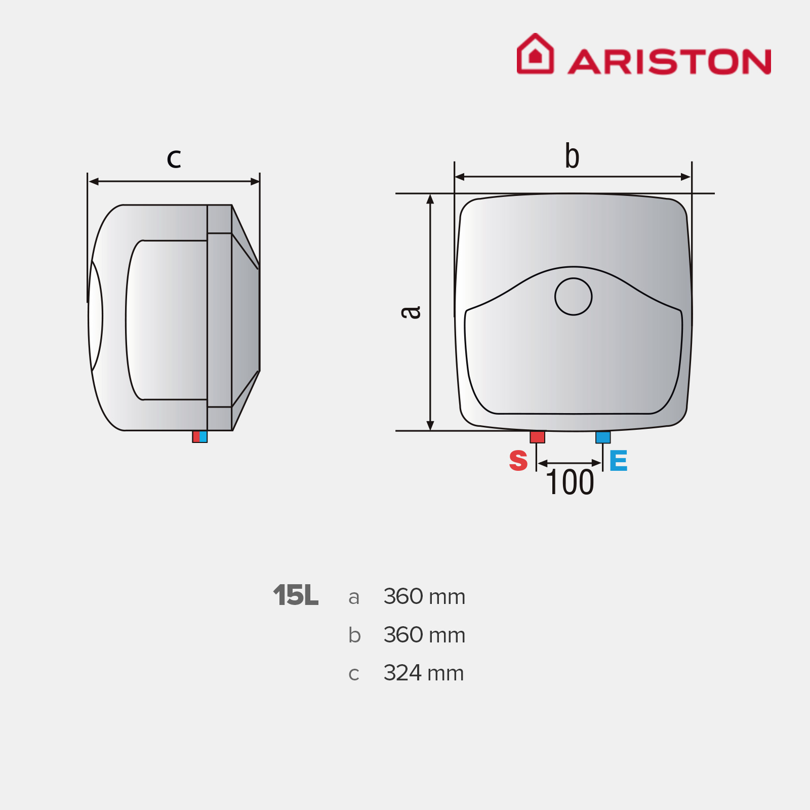 Diagrama con dimensiones de un calentador de agua Ariston blanco. El diagrama muestra vistas lateral y frontal.