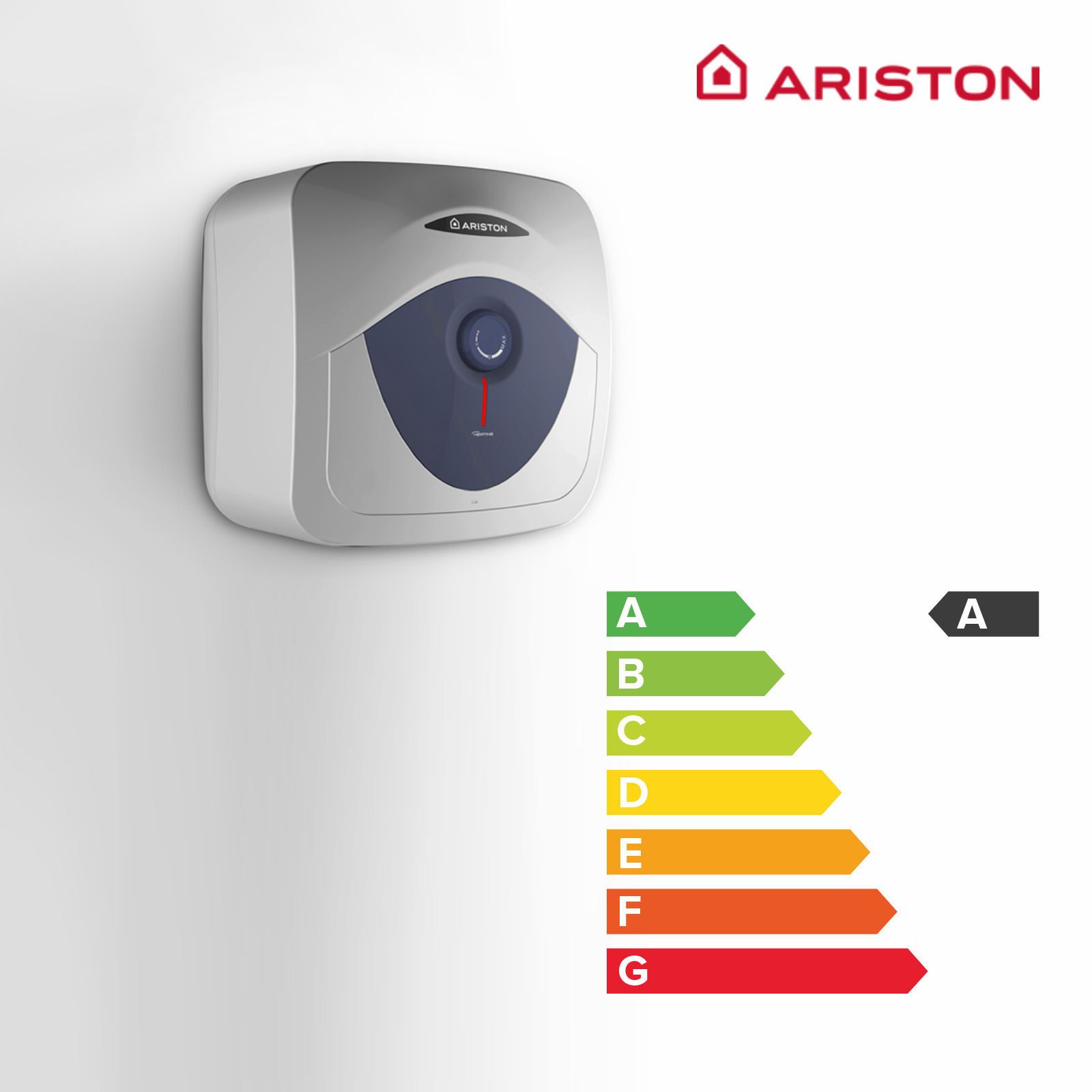 Calentador de agua Ariston blanco y gris, montado en pared blanca con etiquetas.