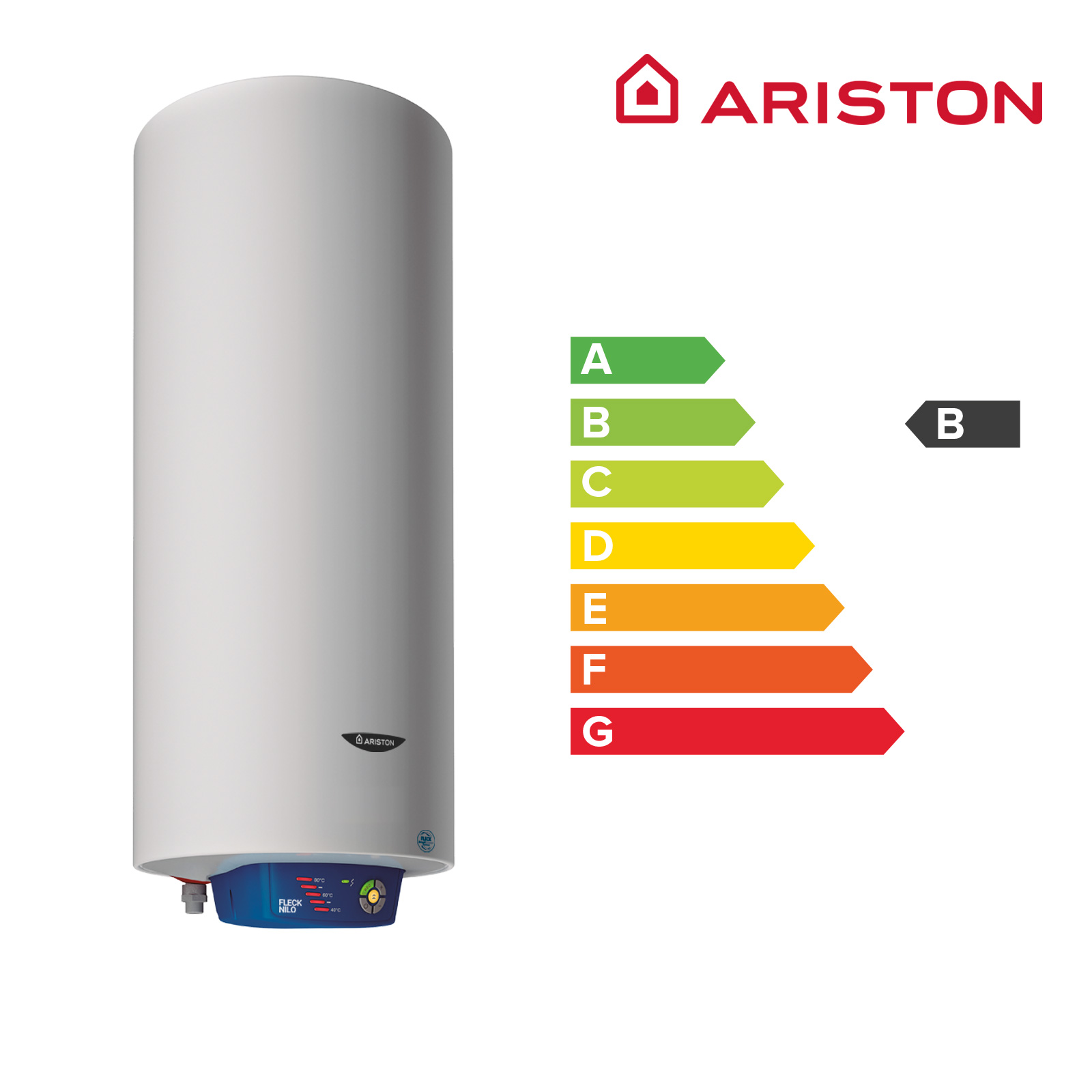 Calentador de agua Ariston blanco. Una etiqueta de eficiencia energética está a la derecha.