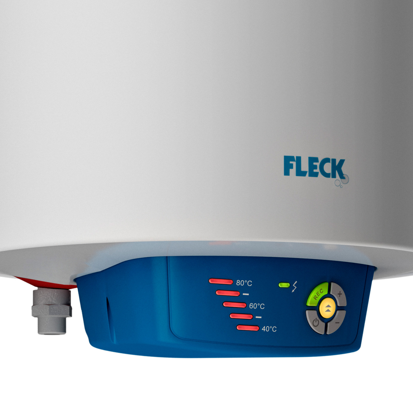 Calentador de agua blanco y azul. Tiene un panel de control azul con indicadores de temperatura. Se ve el logo FLECK.