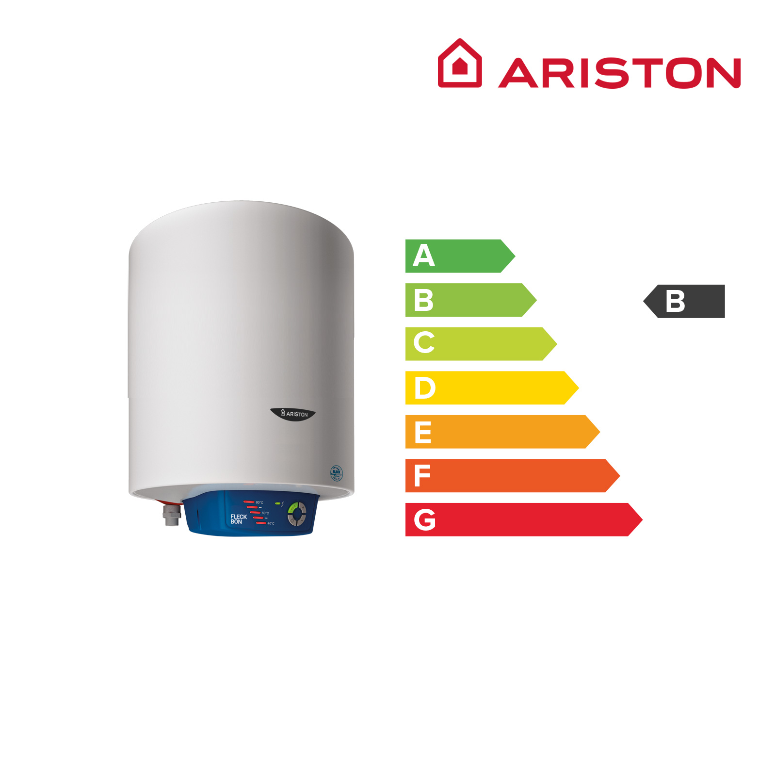 Calentador de agua blanco con panel de control azul, etiquetas de eficiencia energética y el logo Ariston, sobre fondo blanco.