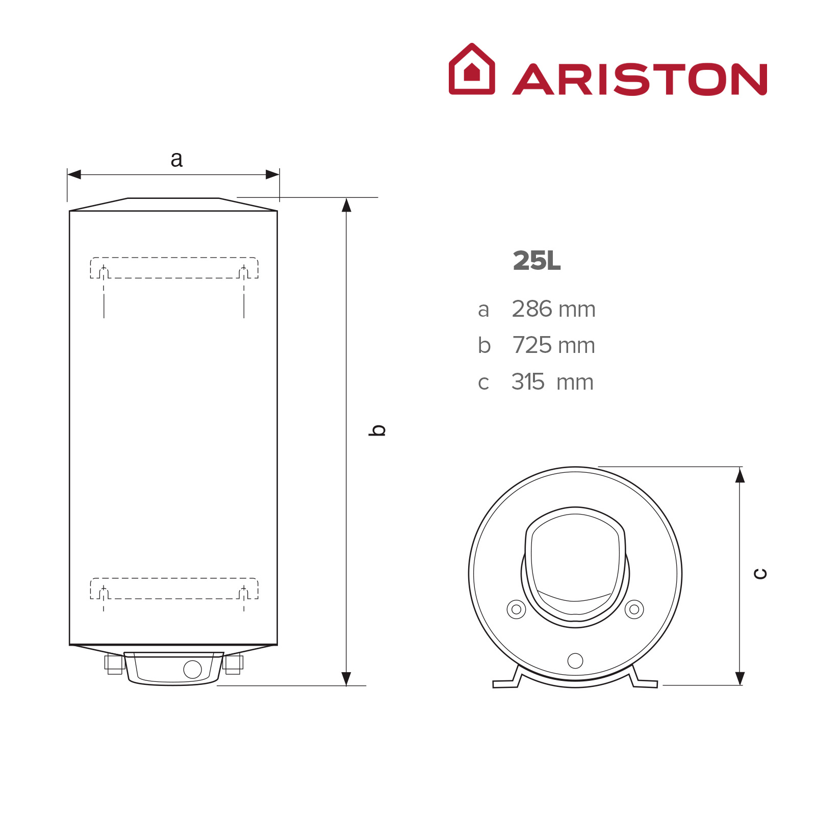 Diagrama de un calentador de agua con dimensiones y el logotipo de Ariston.