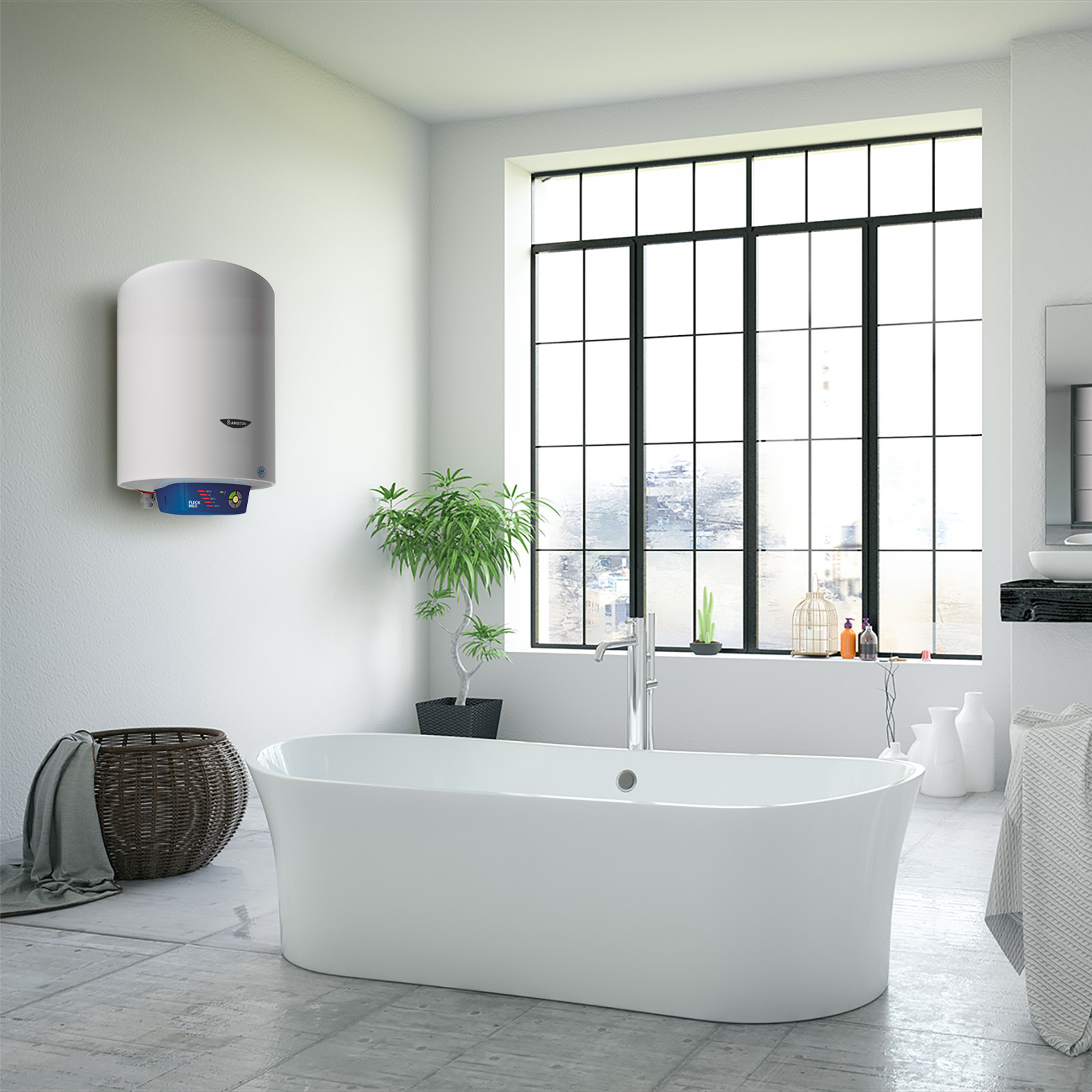 Baño moderno con bañera, ventana y calentador de agua en la pared.