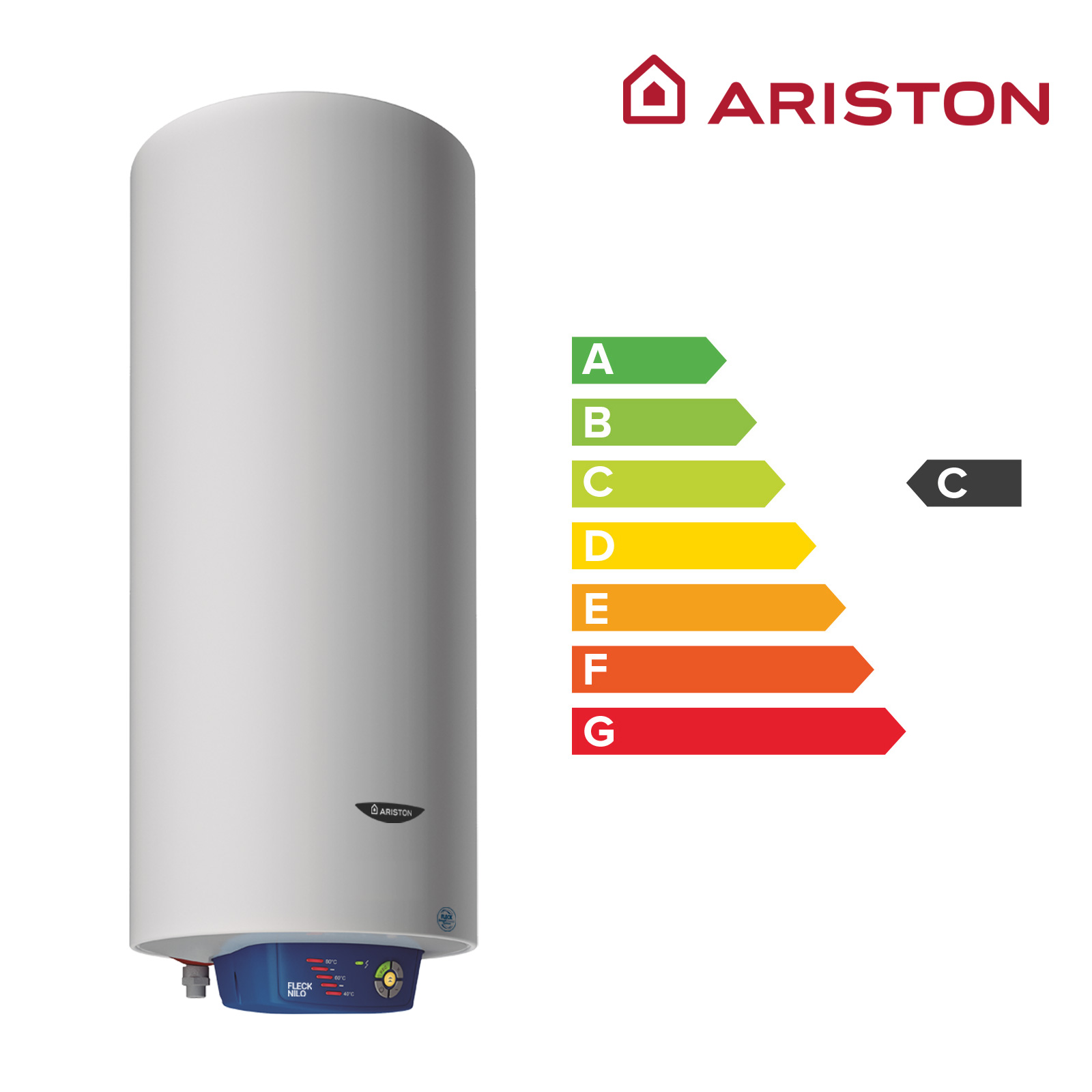 Un calentador de agua blanco con una etiqueta de eficiencia energética y el logo Ariston.