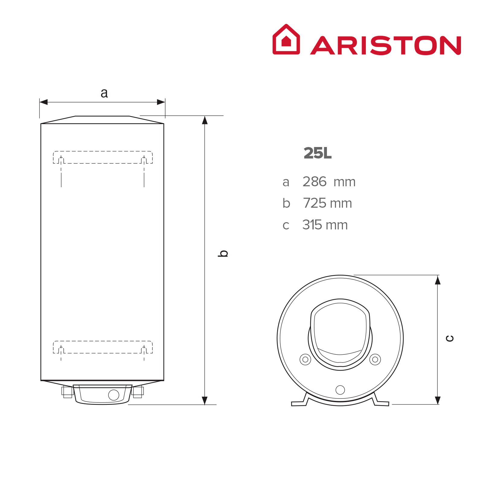 Diagrama de un calentador de agua cilíndrico con dimensiones, el logotipo de Ariston y el texto 25L.