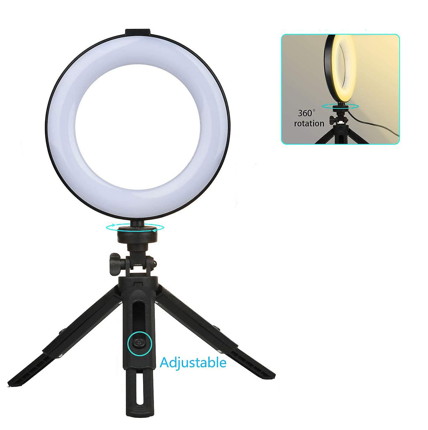 Una luz de anillo en un trípode, con funciones ajustables y rotación de 360 grados.