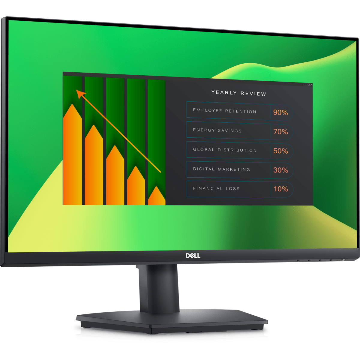 Dell-monitor met een jaarlijks overzicht met personeelsbehoud, energiebesparing en andere gegevens.