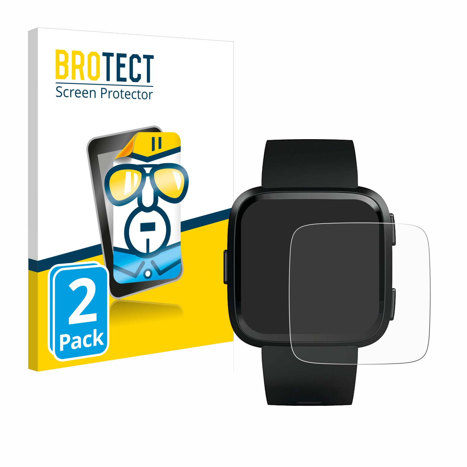 Schwarze Smartwatch mit Displayschutzfolie neben einer Displayschutzfolienverpackung. Weißer Hintergrund.