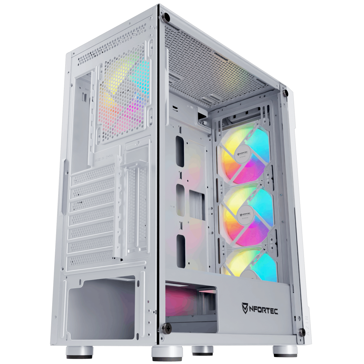 Un case per computer bianco con tre ventole RGB visibili attraverso un pannello laterale, che mostra l'interno.