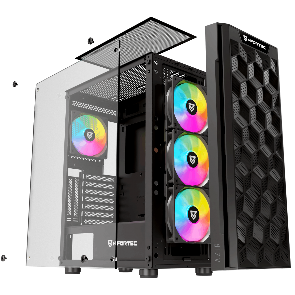 Un case per computer con tre ventole colorate. Il case ha un pannello laterale aperto, che mostra i componenti interni.
