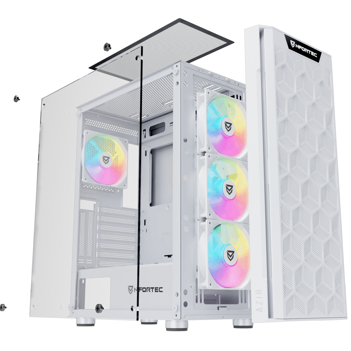 Case PC bianco con ventole colorate, pannello laterale in vetro e parte superiore aperta.