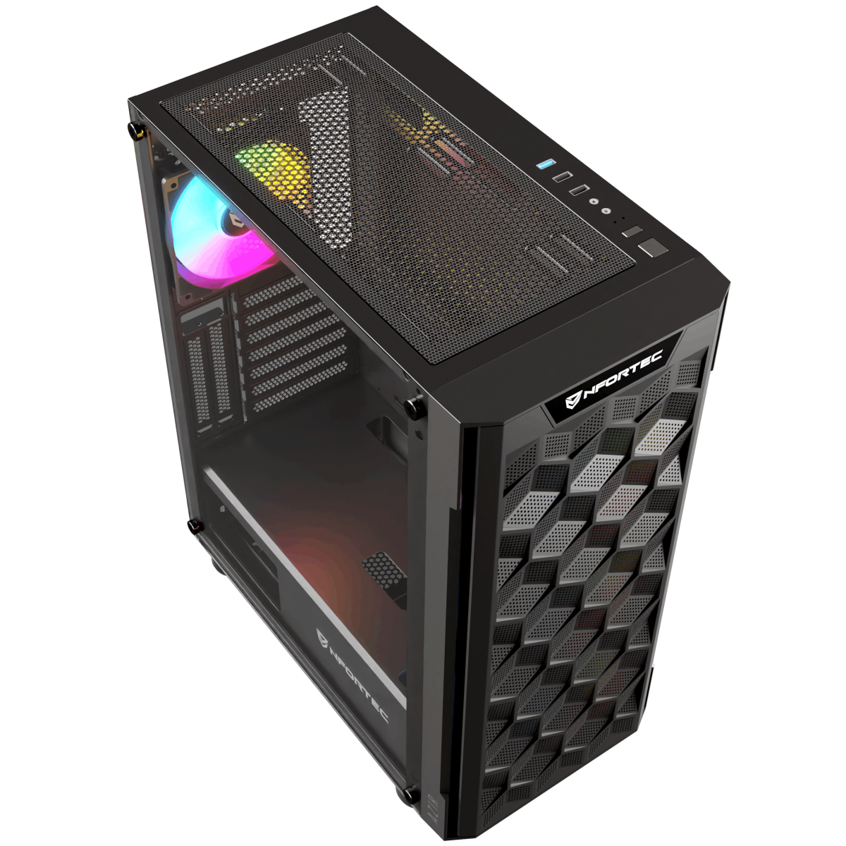 Case per computer nero con pannello laterale in vetro. Ventola RGB visibile, ventilazione superiore e design frontale angolato.