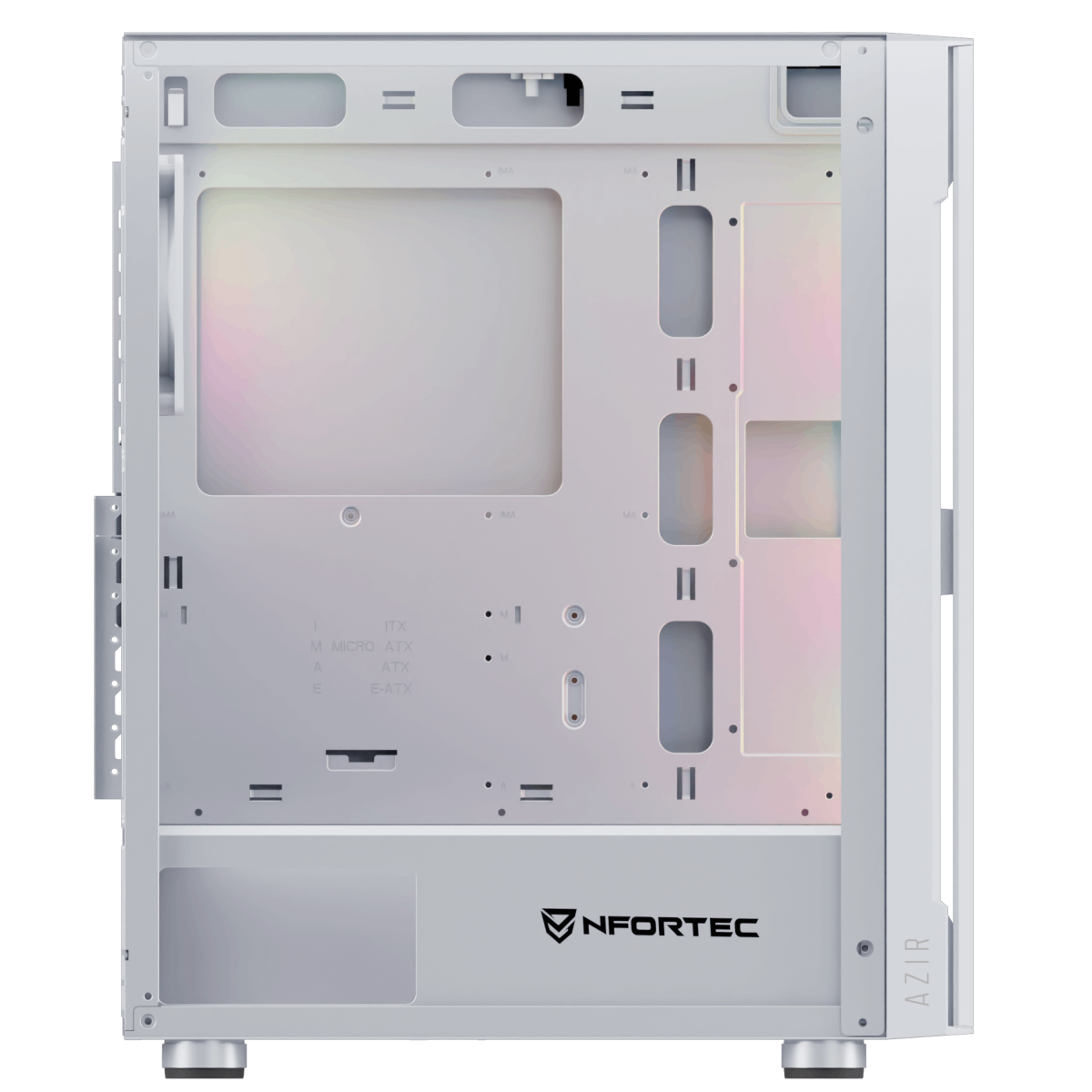 L'interno di un case per computer bianco, con vari scomparti e punti di montaggio.