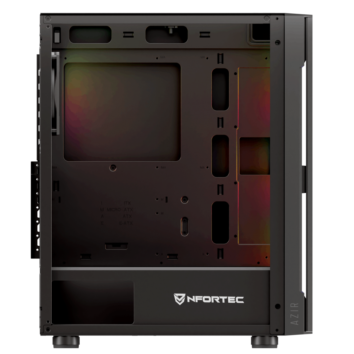 Un case per computer aperto, che mostra l'interno. Ha un interno nero e un logo in basso.