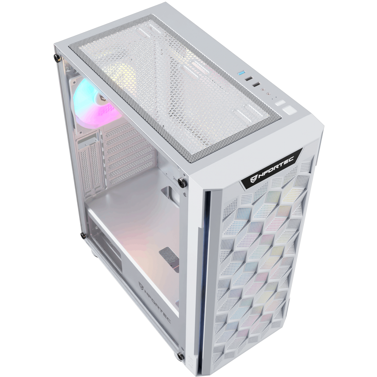 Case per computer bianco con pannello laterale trasparente e ventola multicolore.
