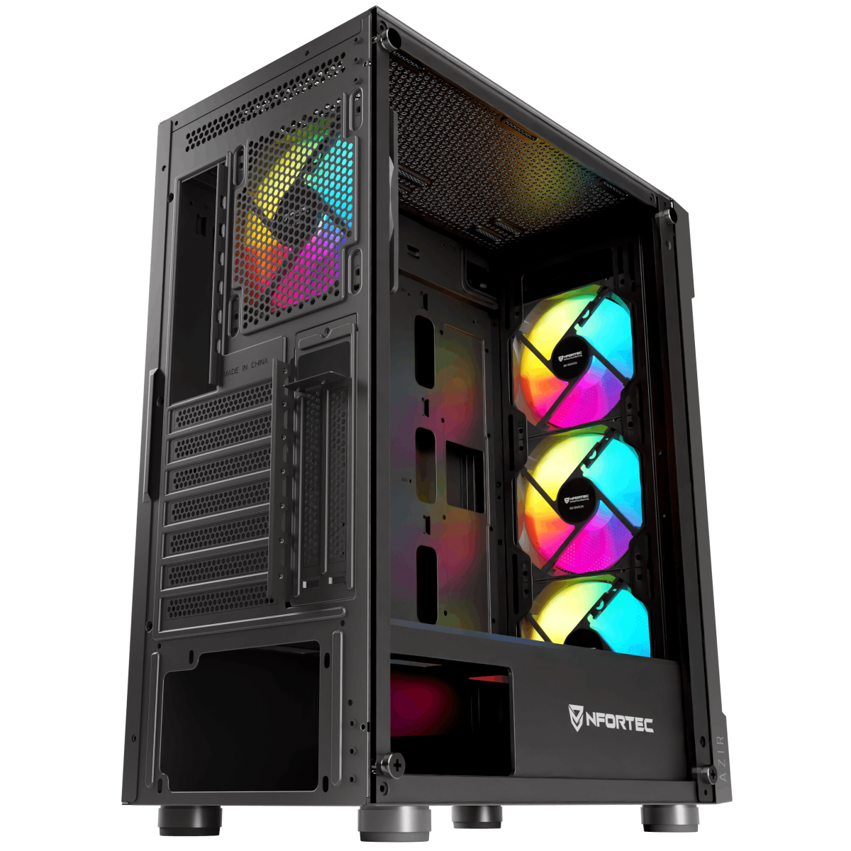 Un case per computer nero con ventole arcobaleno. Il case è aperto e ha un pannello a rete.