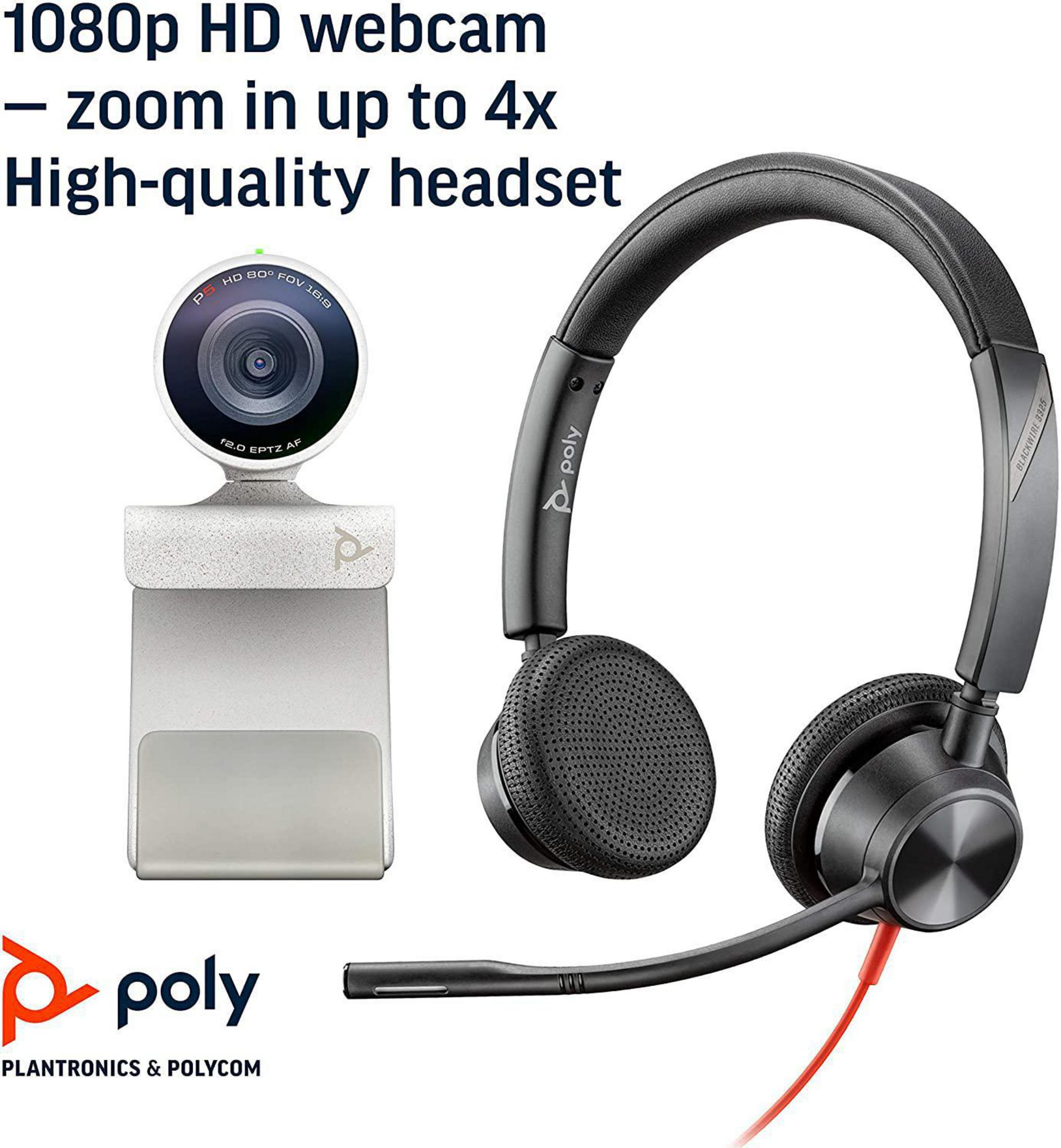 Webcam con cuffie. La webcam è bianca con cuffie nere. La scatola menziona 1080p HD.