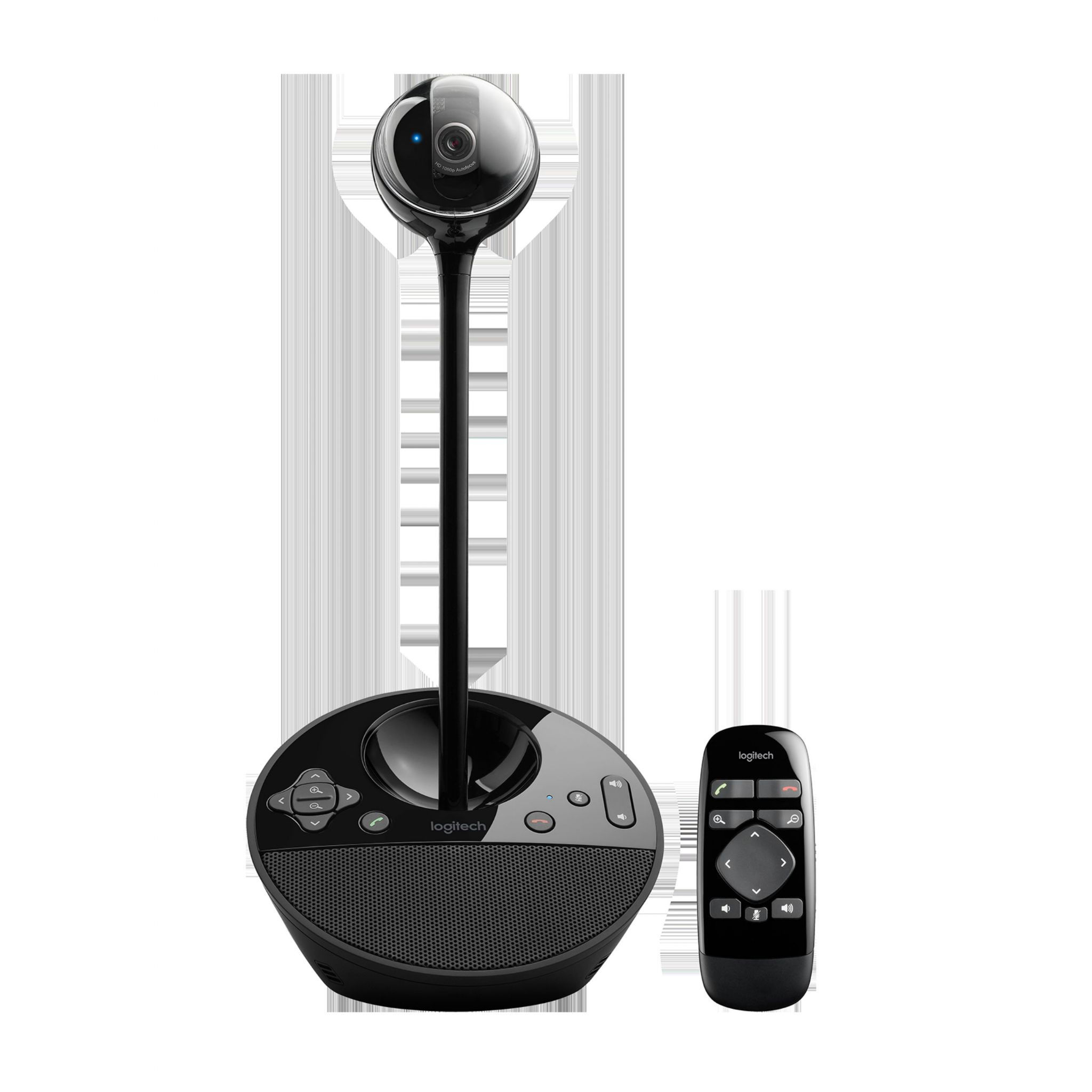 Eine schwarze Logitech-Konferenzkamera und Fernbedienung. Logitech-Branding sichtbar.