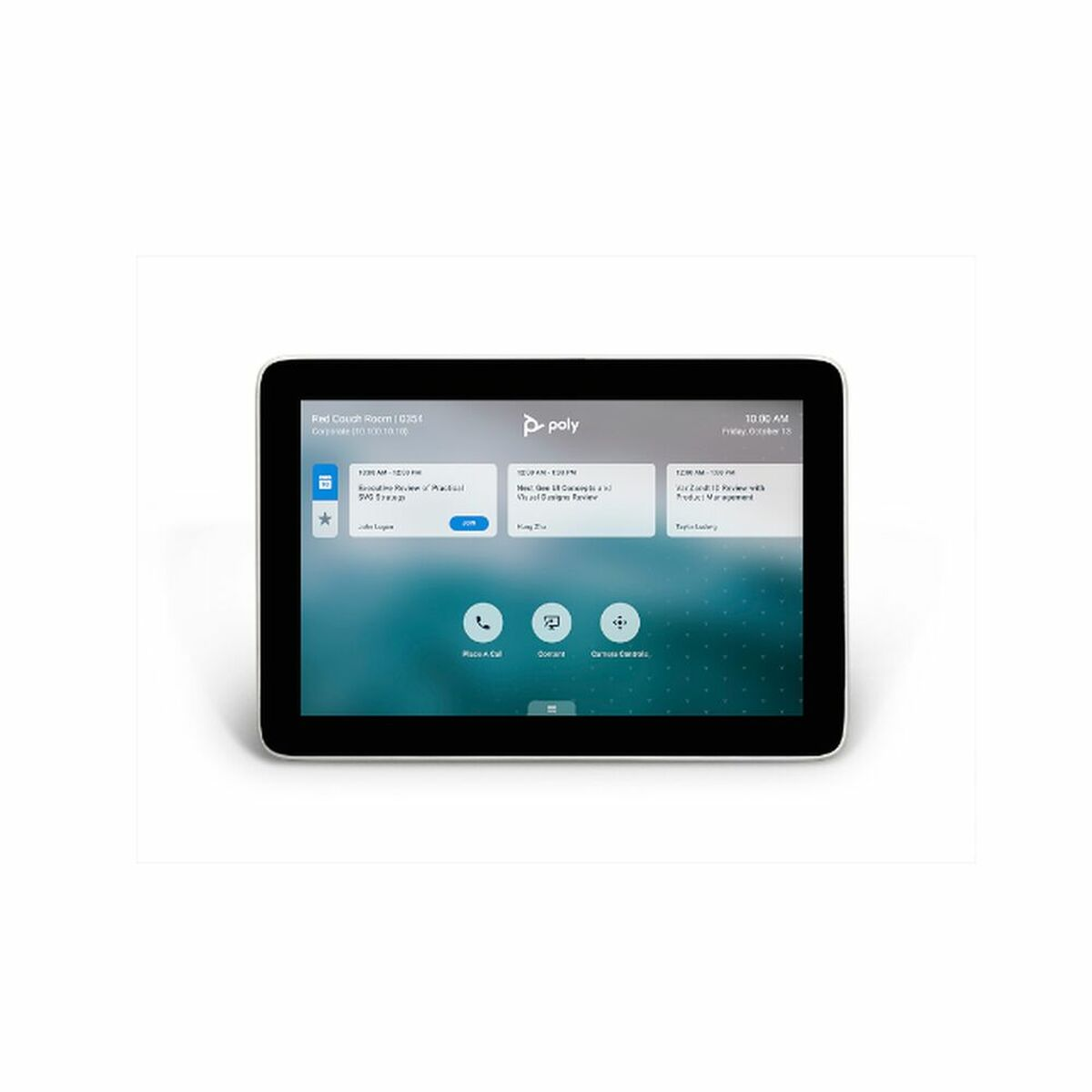 Ein schwarzes Tablet mit einem Bildschirm, der einen Besprechungsplan und Videogesprächssteuerelemente anzeigt.