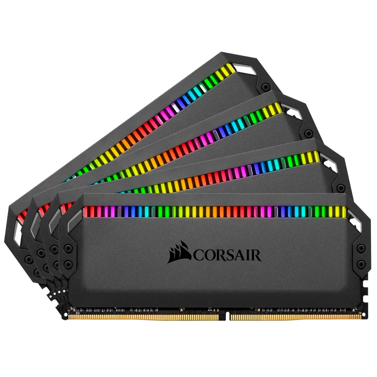 Pięć szarych kości RAM z tęczowymi światłami LED. Widoczne logo Corsair. Czarne tło.