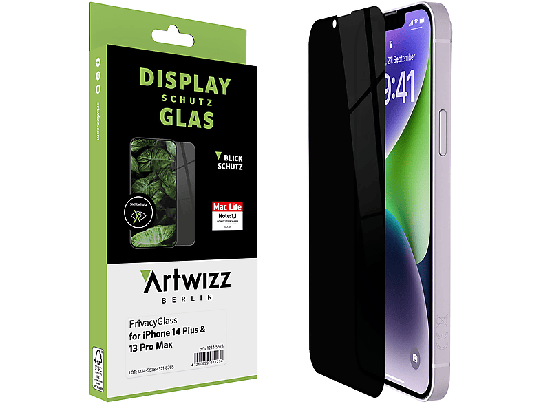 ARTWIZZ PrivacyGlass - iPhone 14 iPhone 14 iPhone 13 Displayschutz(für Pro Pro / Apple Plus Max) 13 Plus, Max