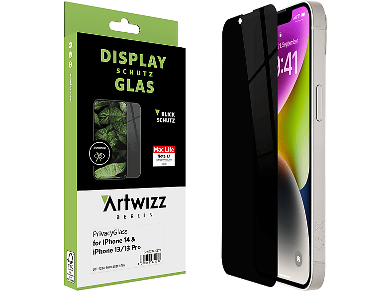 ARTWIZZ PrivacyGlass Displayschutz(für Apple iPhone 14, iPhone 13, iPhone 13 Pro)