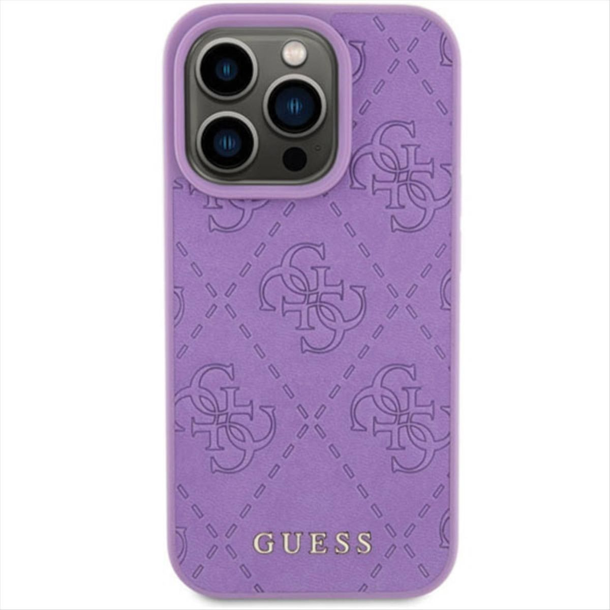 GUESS Leder 4G Lila iPhone Tasche Backcover, Design 15 Pro, Stamped Hülle, Apple