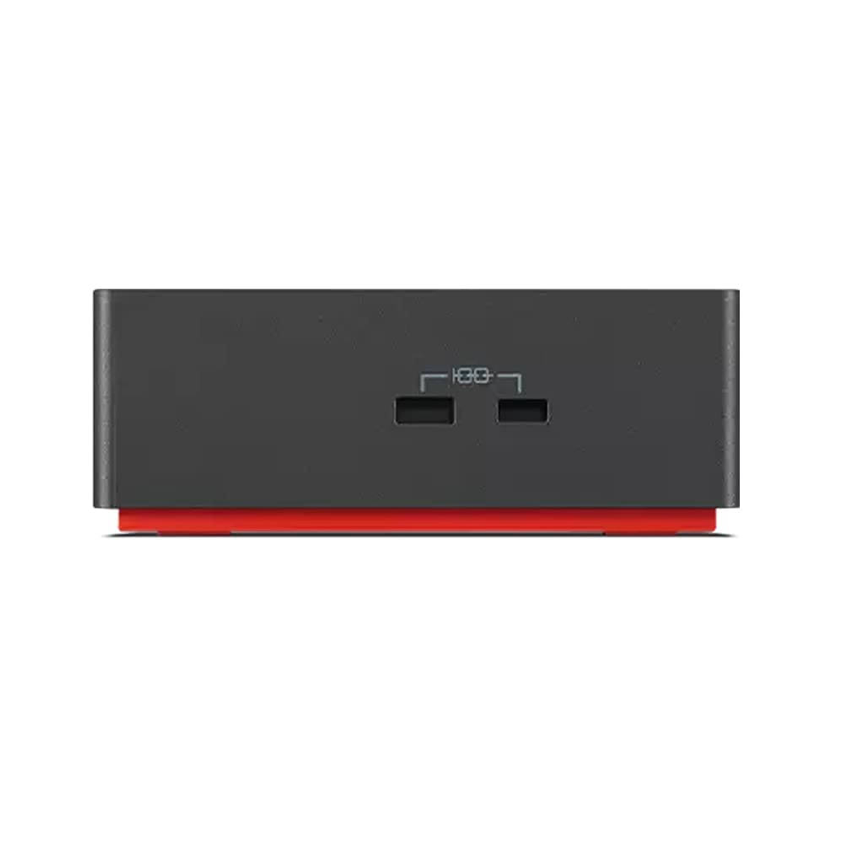 Ein schwarzes, rechteckiges Gerät mit zwei USB-Anschlüssen auf der Vorderseite und roter Basis.
