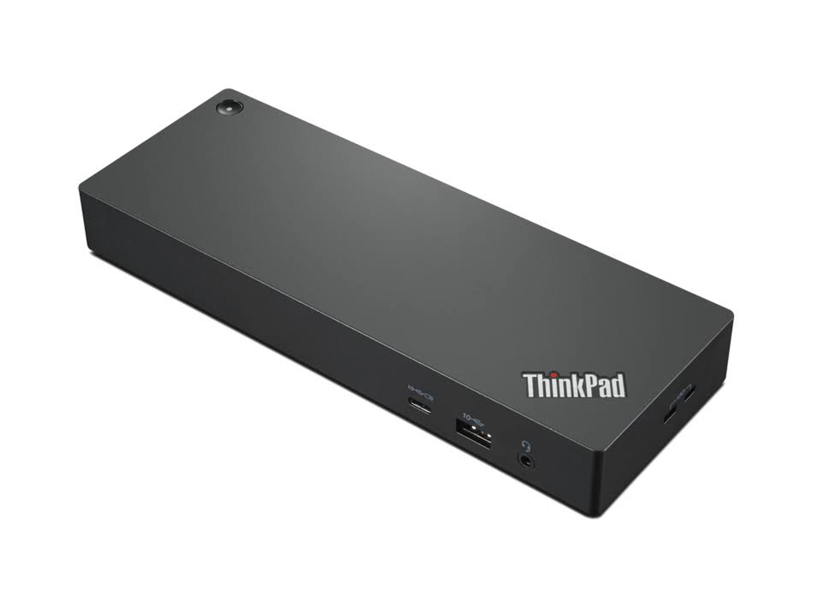 Schwarze rechteckige ThinkPad-Dockingstation mit Anschlüssen und ThinkPad-Logo auf weißem Hintergrund.