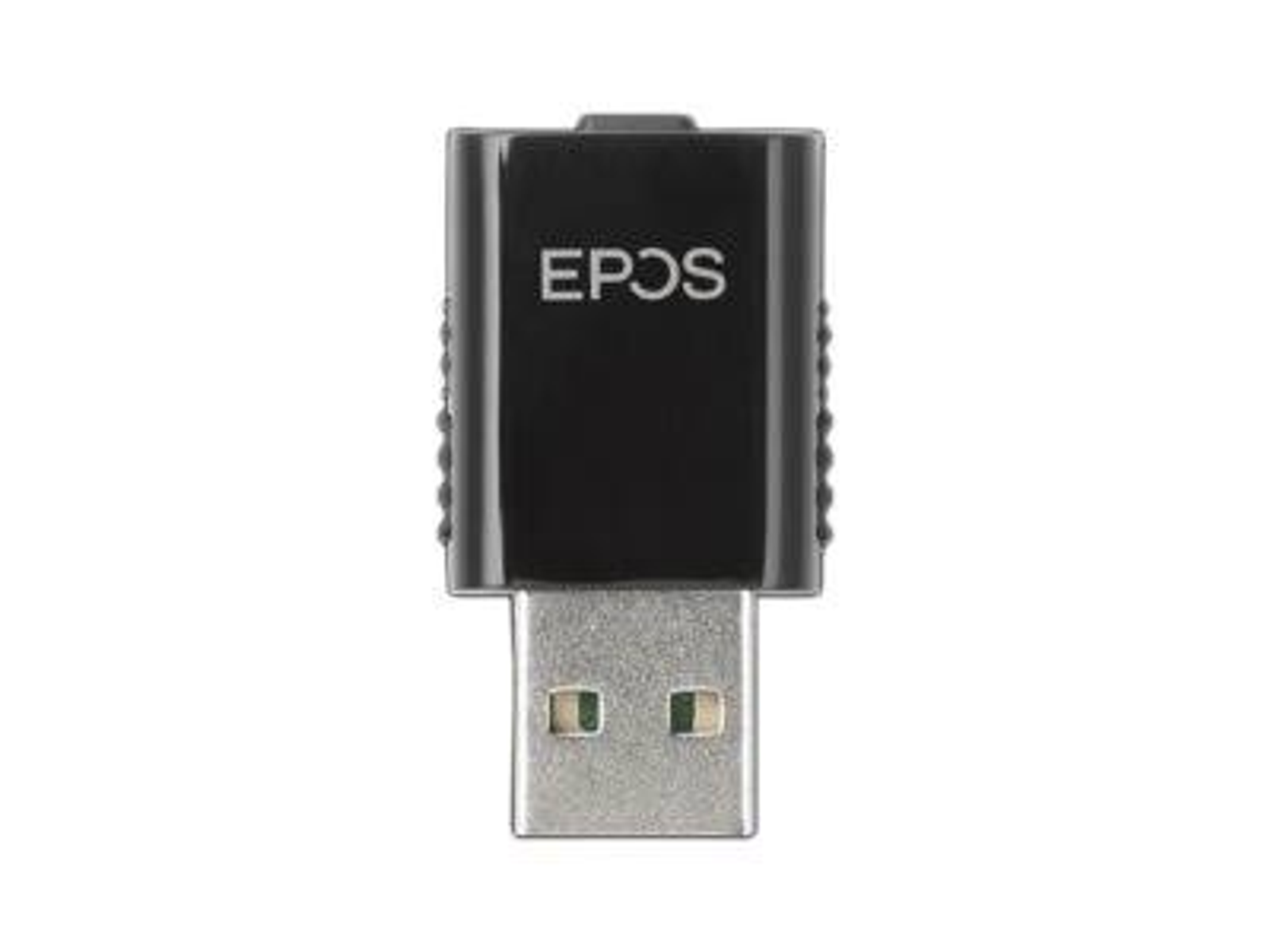 Czarny adapter USB z logo EPOS. Srebrne złącze USB. Na białym tle.