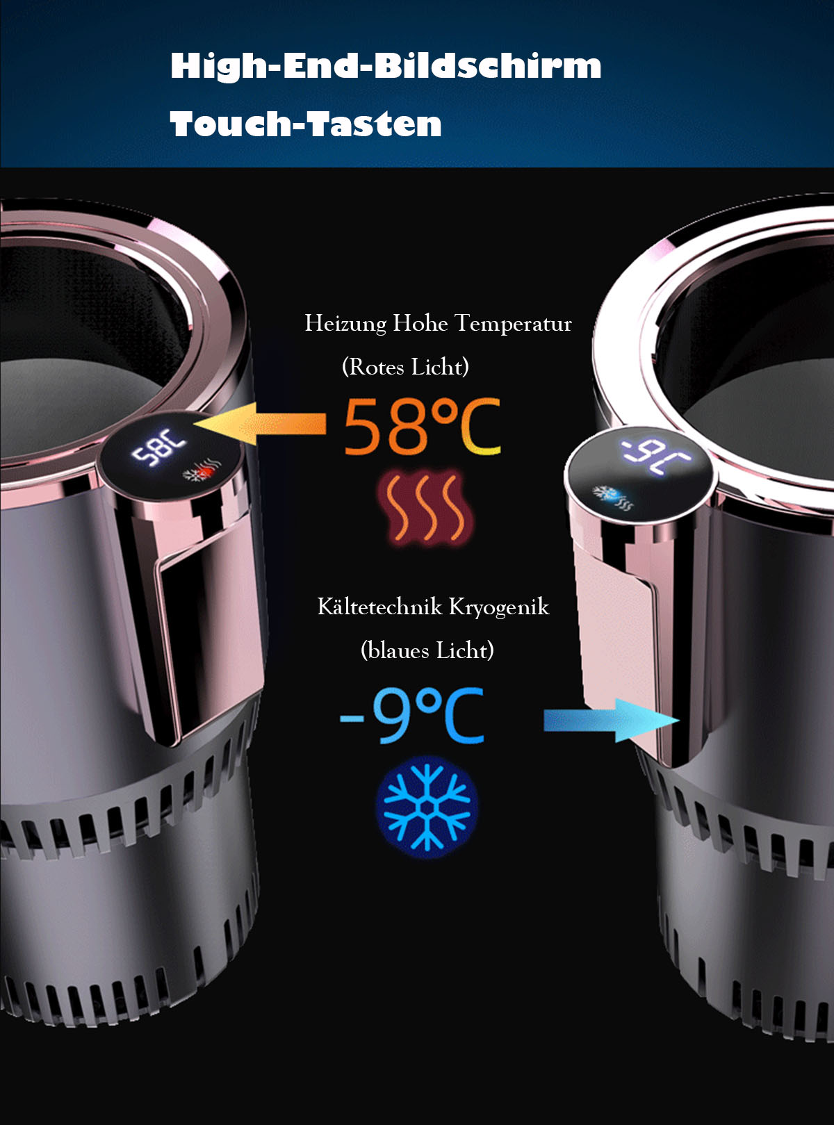 Zwei Metall-Becherhalter. Einer zeigt 58C zum Heizen, der andere -9C zum Kühlen. Beide haben Digitalanzeigen.
