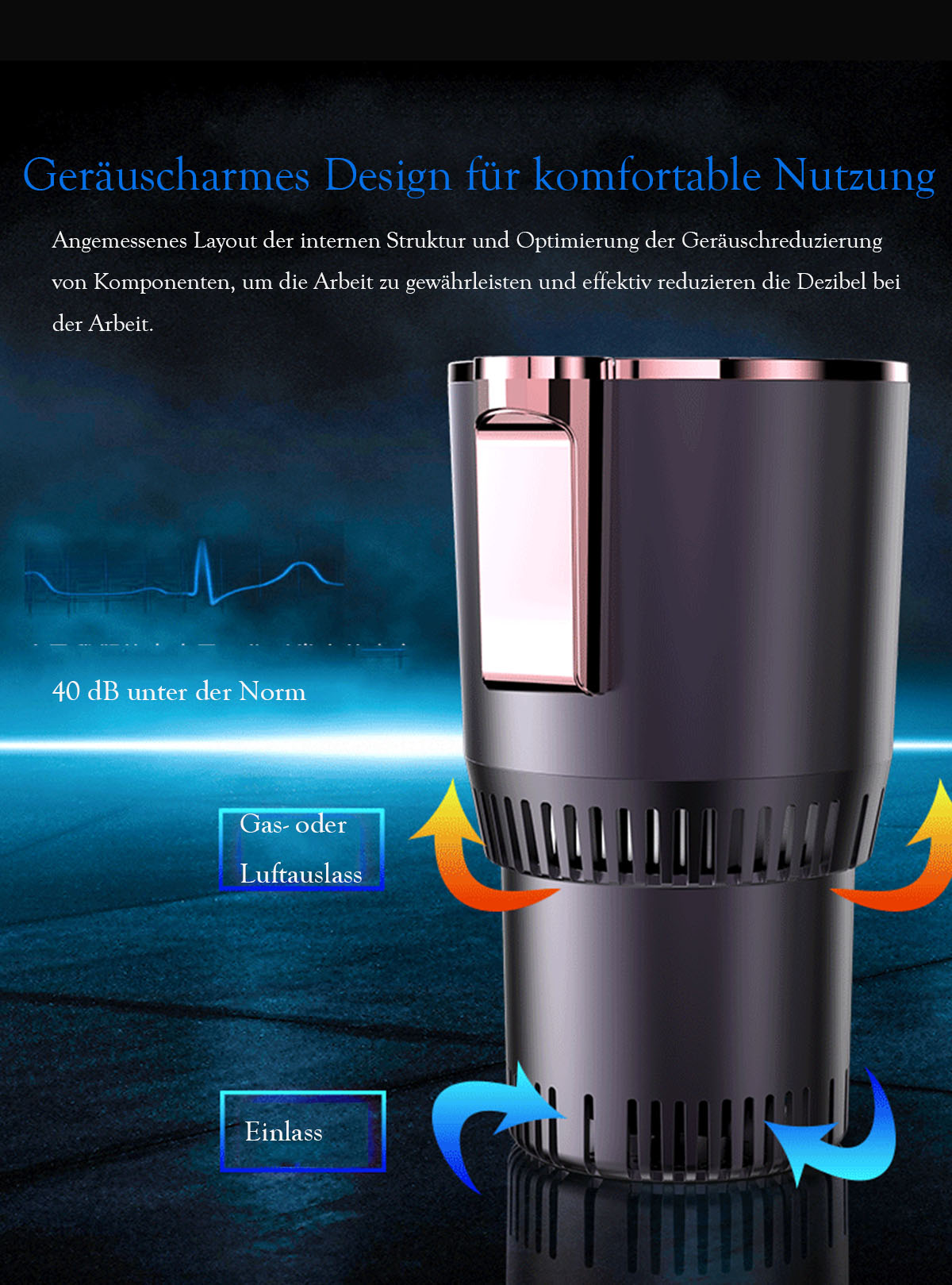 Schwarz-goldener Getränkekühler mit Text und Pfeilen, weißer Hintergrund. Lufteinlass.