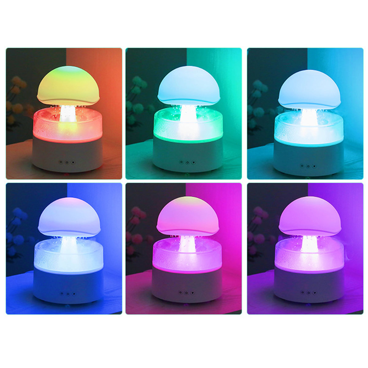 Sechs Bilder einer pilzförmigen Lampe mit Farbwechsel.